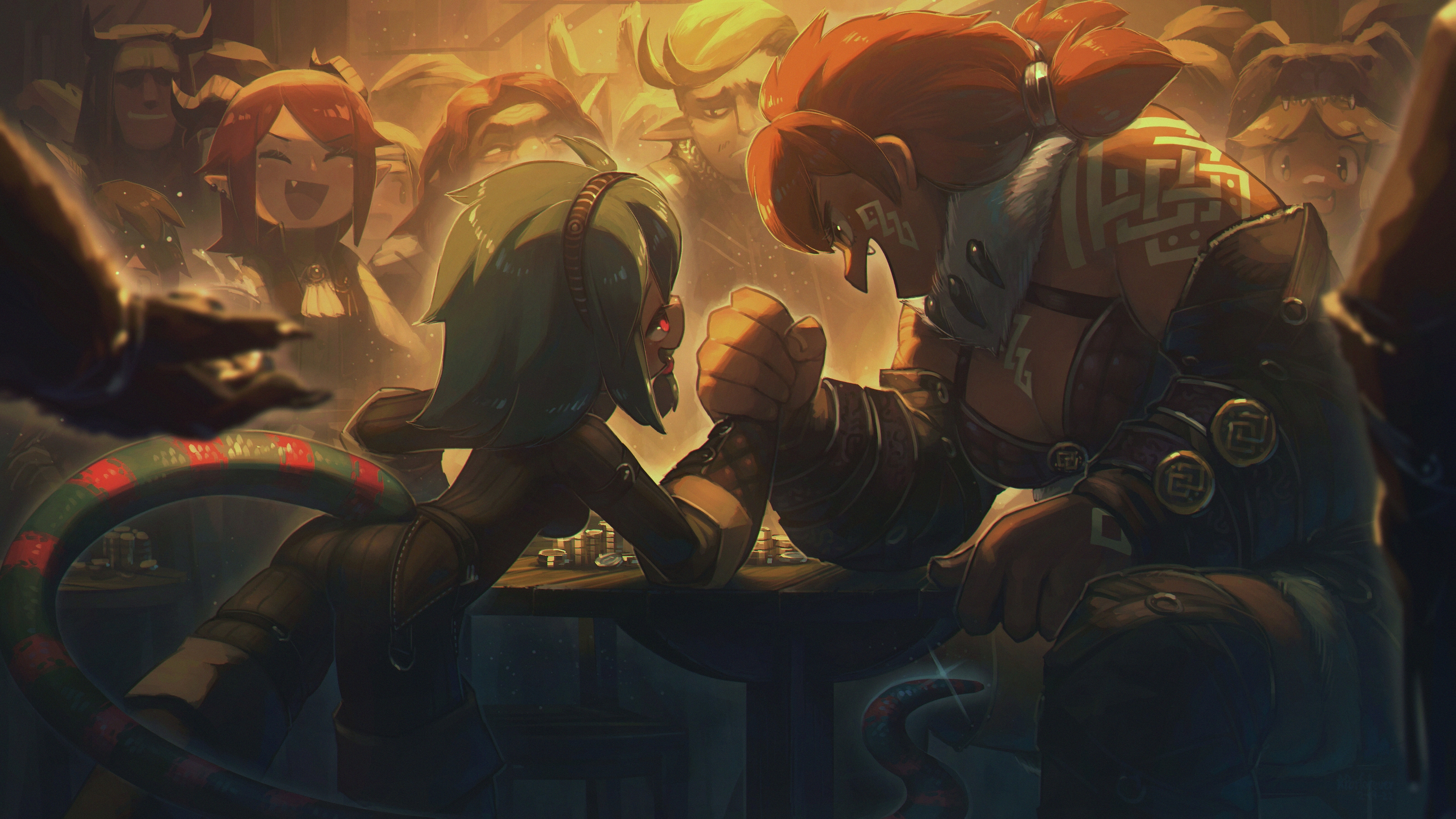 Noodle the Naga Arm Wrestling a Muscular Warrior HD Wallpaper