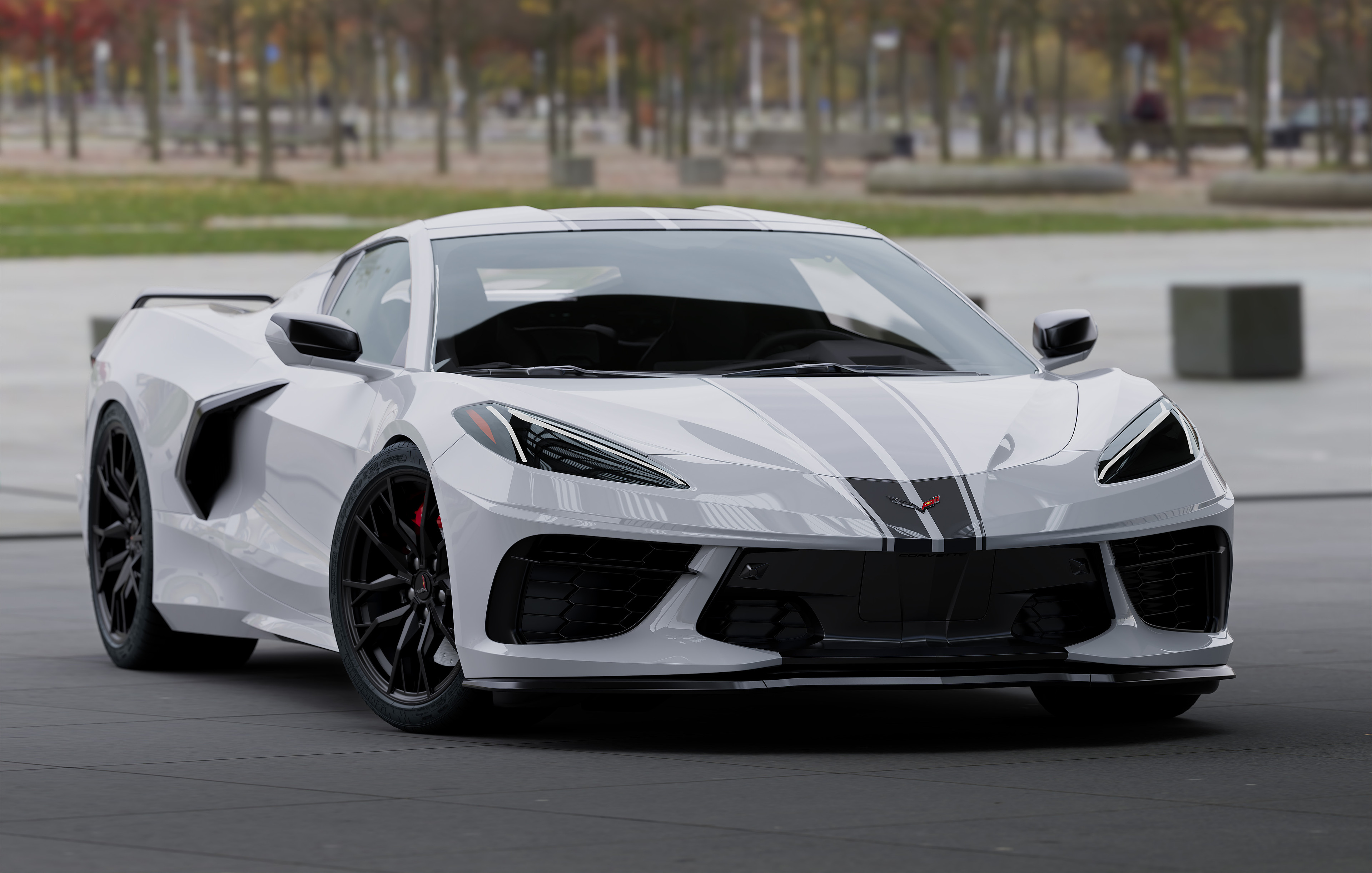 White Chevrolet Corvette C8 Stingray with Racing Stripes HD Wallpaper