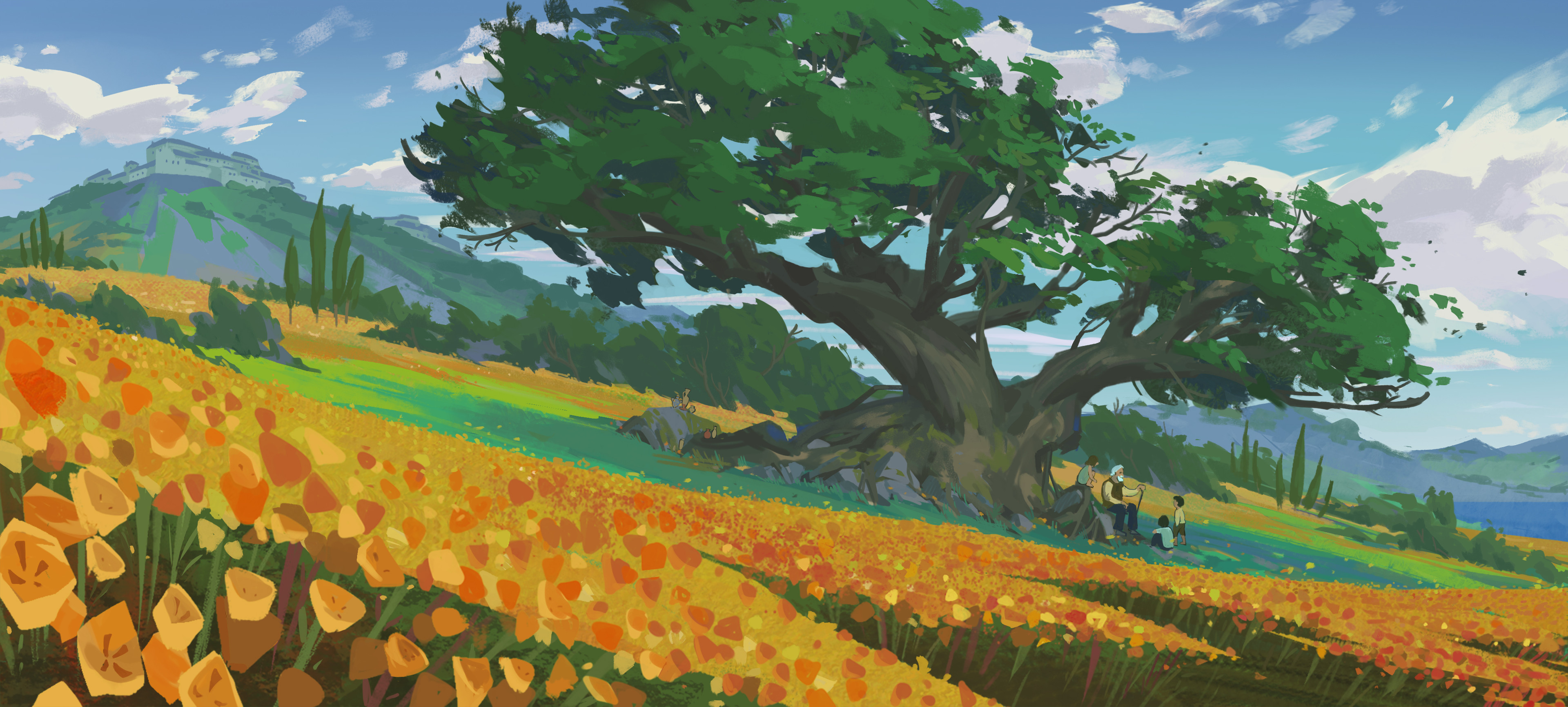 Giant tree in a field of orange flowers HD Wallpaper