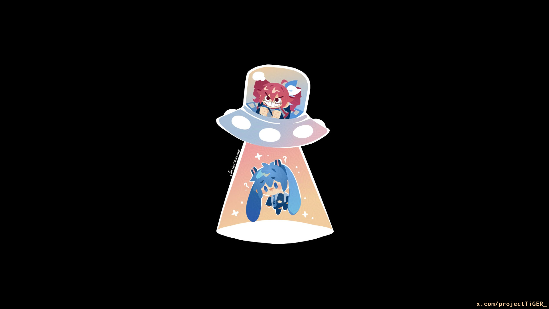 Kasane Teto Abducting Hatsune Miku in a UFO HD Wallpaper