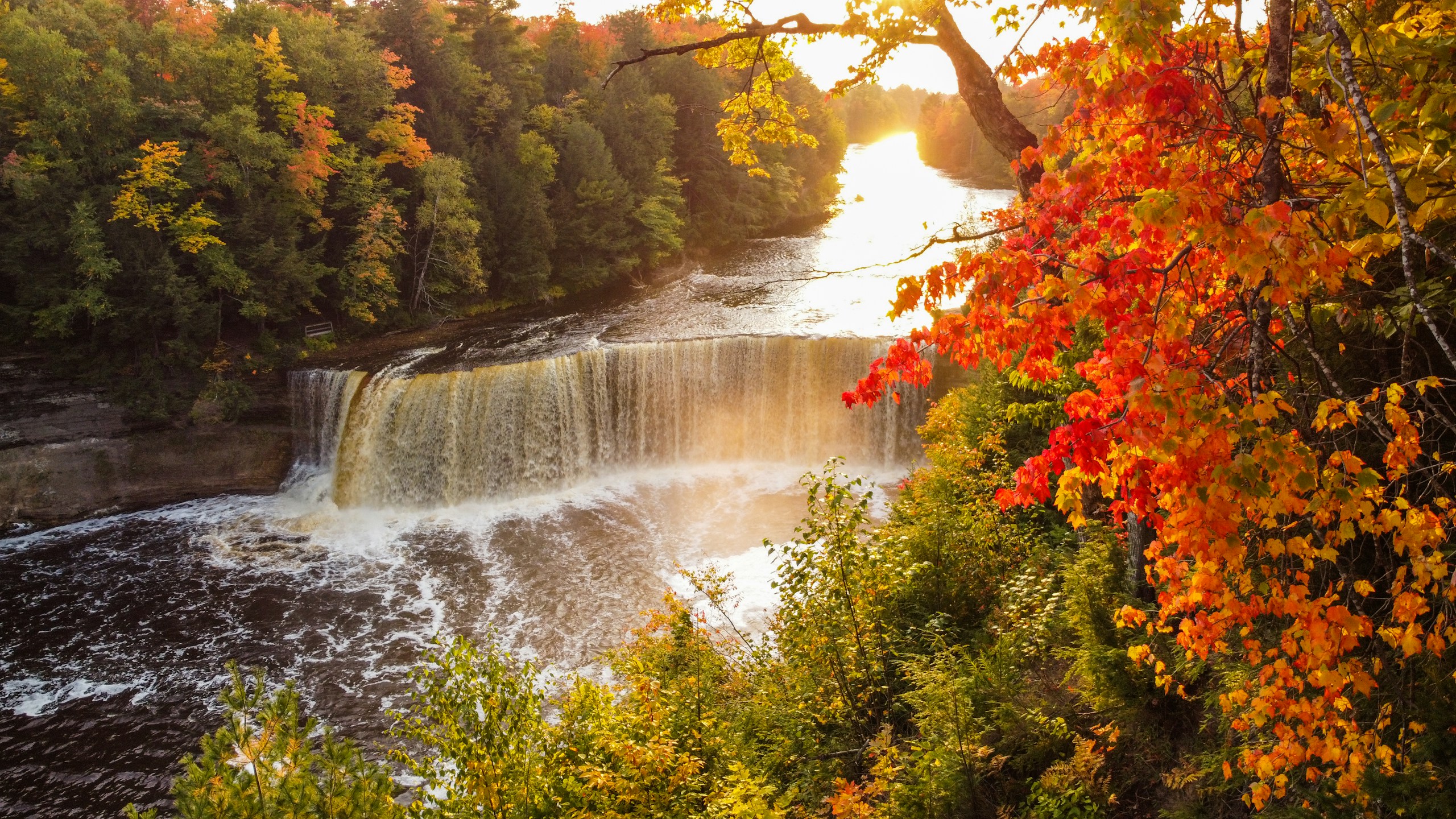 Tahquamenon Falls Surrounded by Autumn Foliage HD Wallpaper