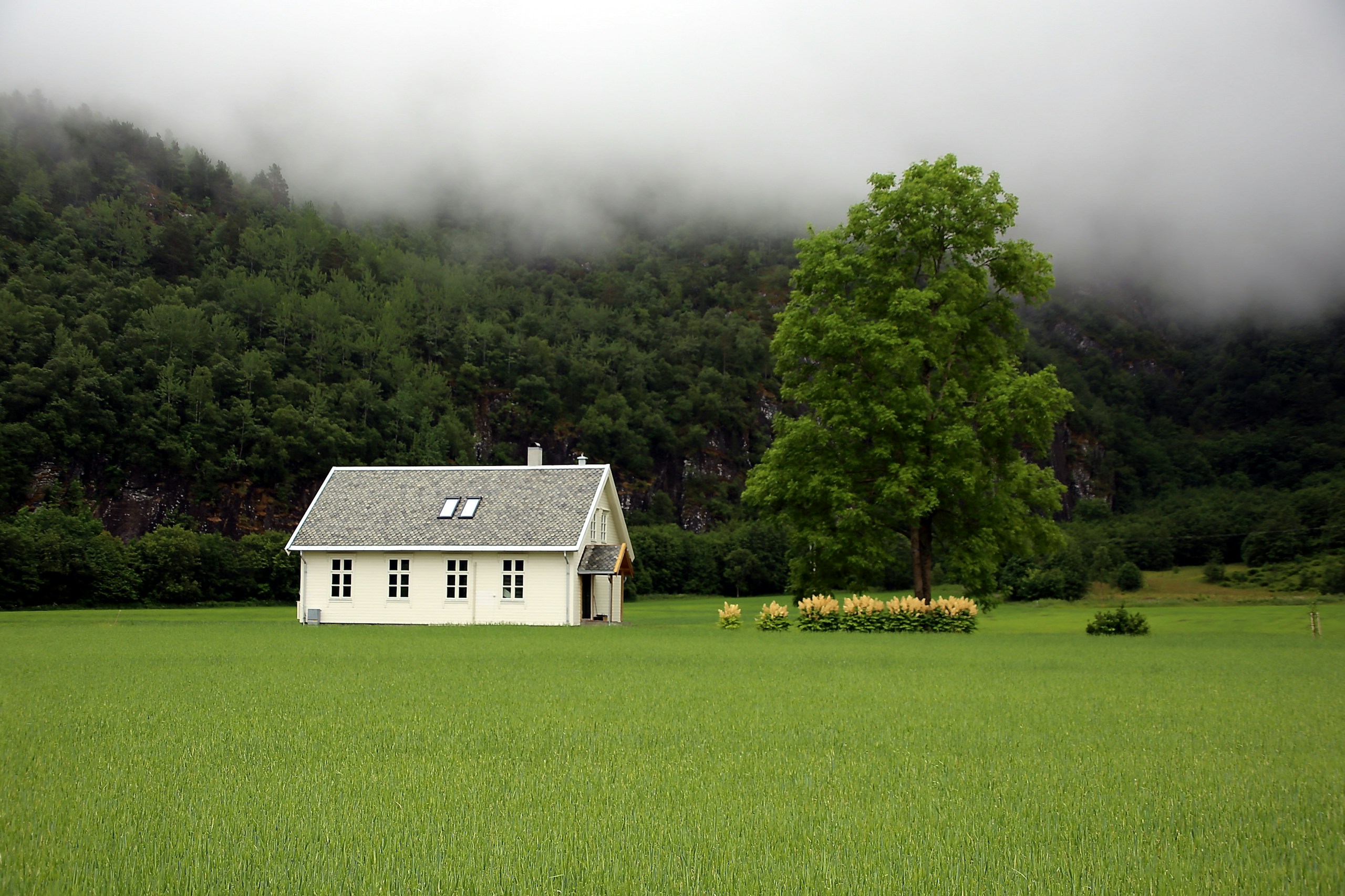White house in a green field under foggy mountains HD Wallpaper