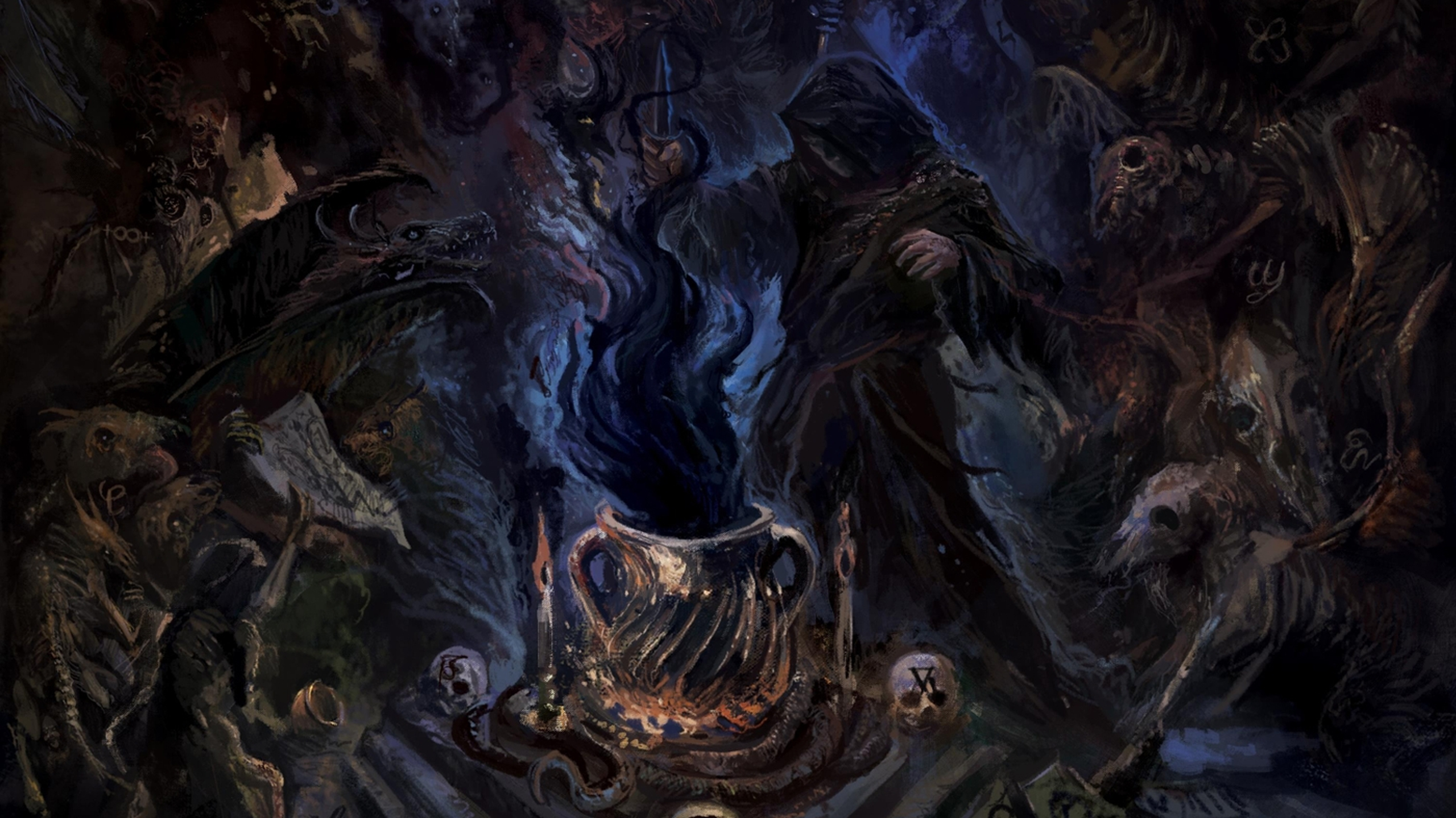 Hooded Necromancer Performing Dark Ritual Over Cauldron HD Wallpaper