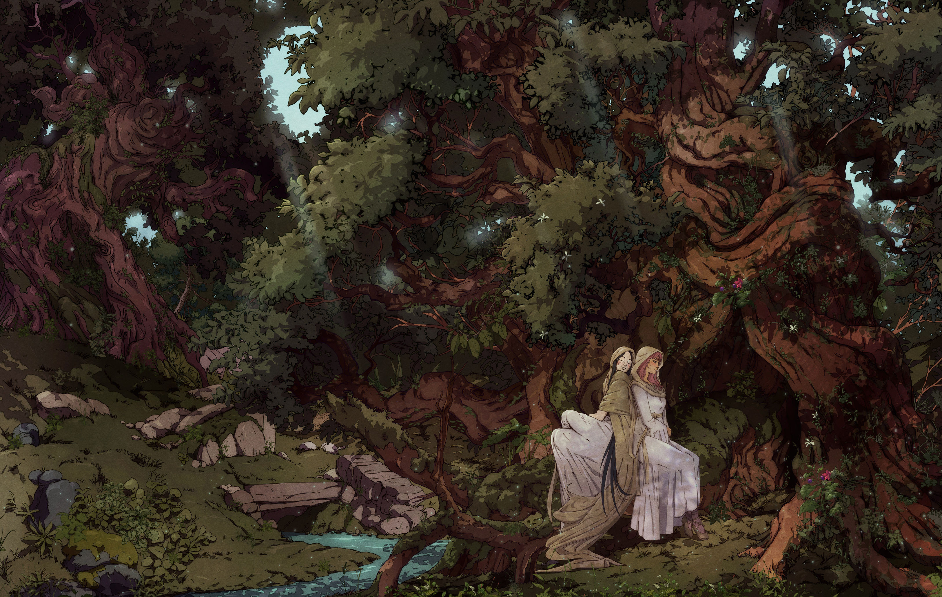 Two robed figures resting under an ancient forest tree HD Wallpaper