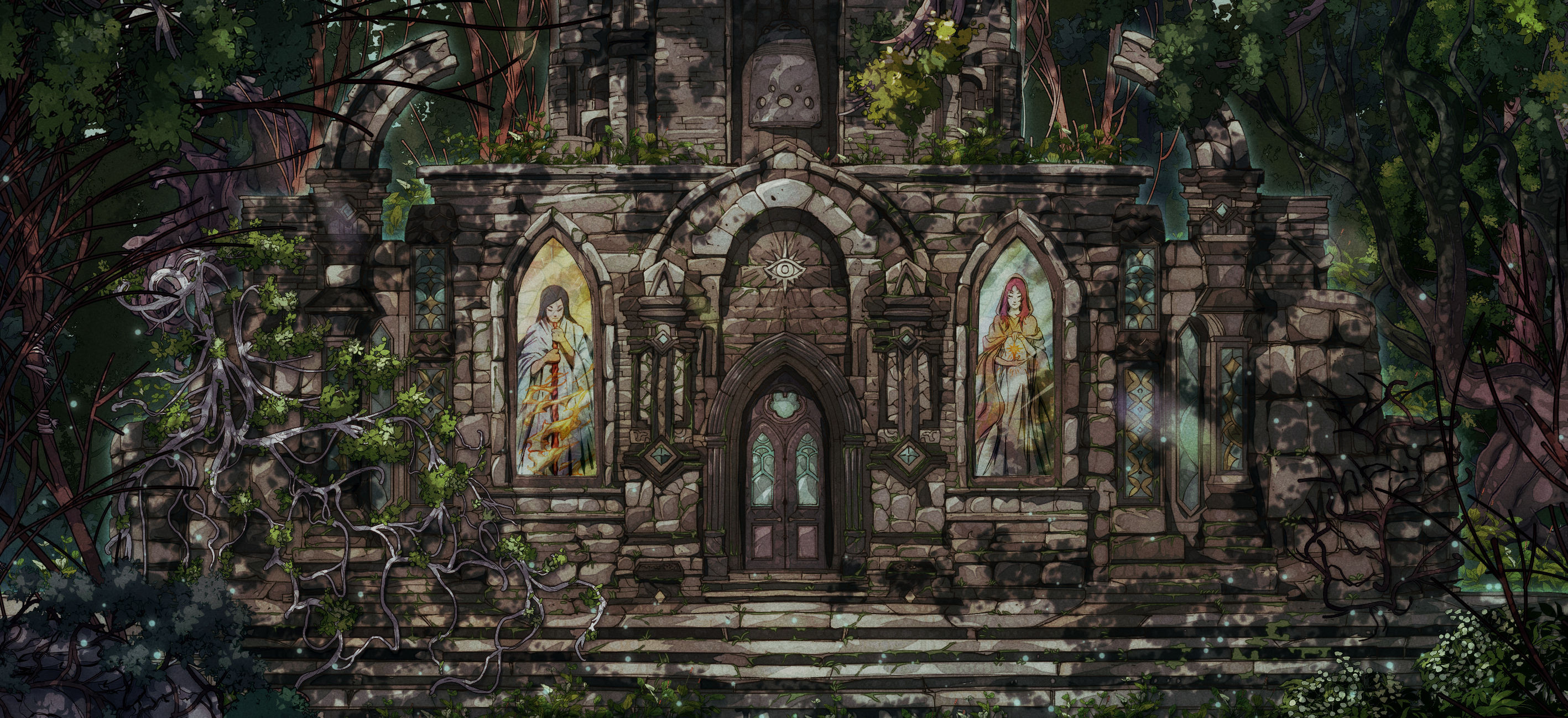 Overgrown Stone Temple with Stained Glass Windows HD Wallpaper