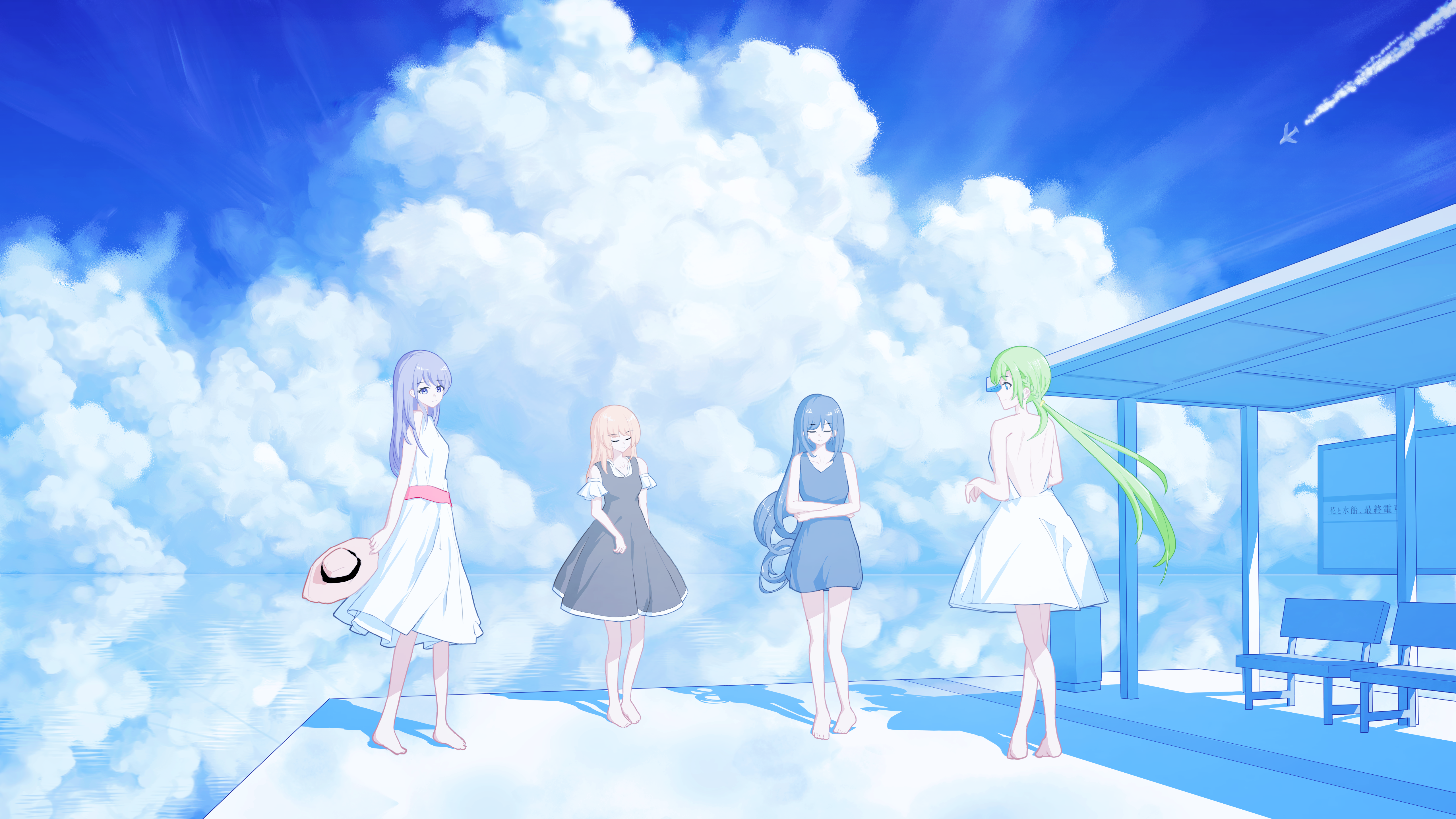 Higurashi Girls at a Dreamlike Sky Bus Stop HD Wallpaper
