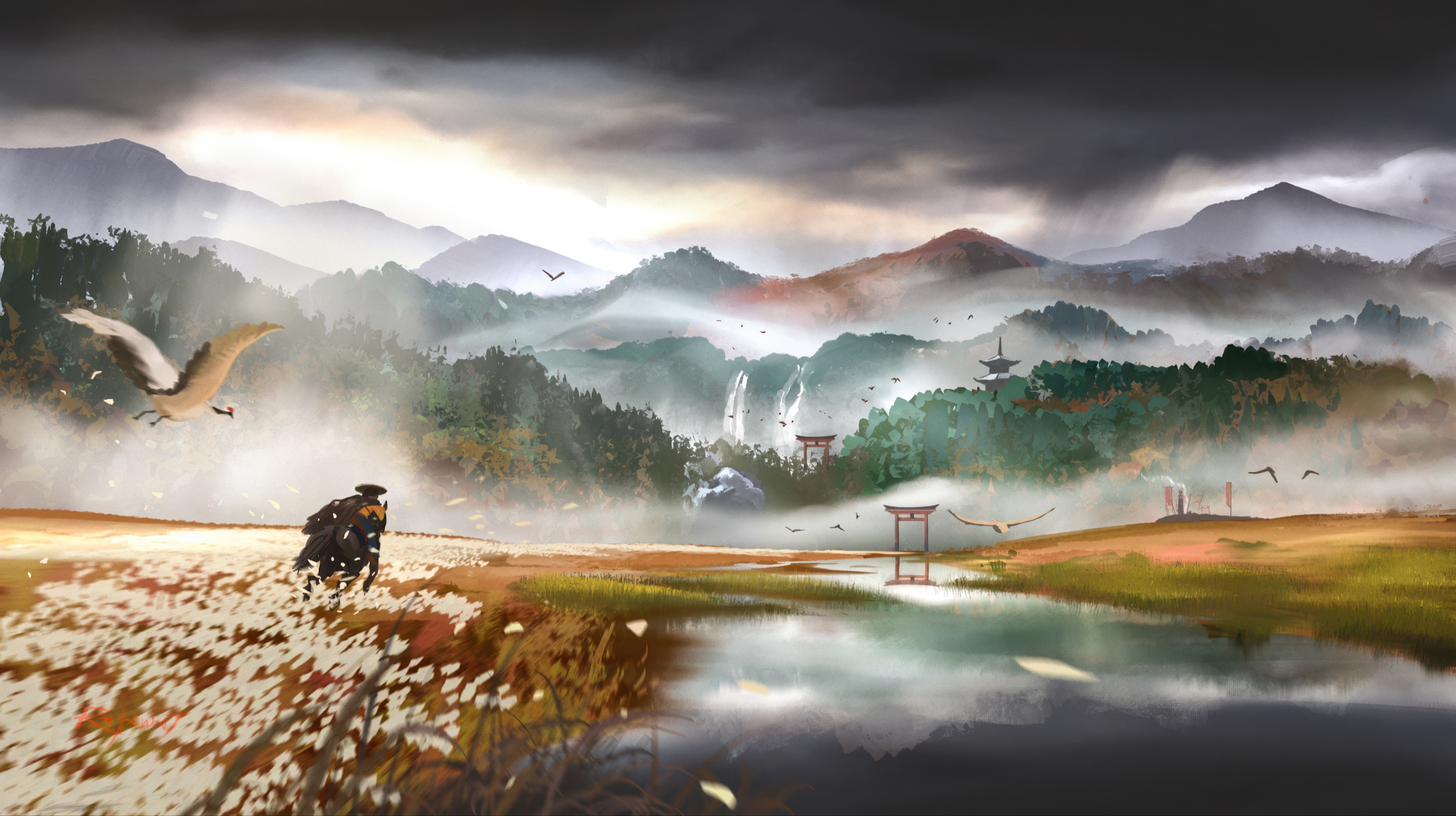Jin Sakai riding a horse in Ghost of Tsushima HD Wallpaper