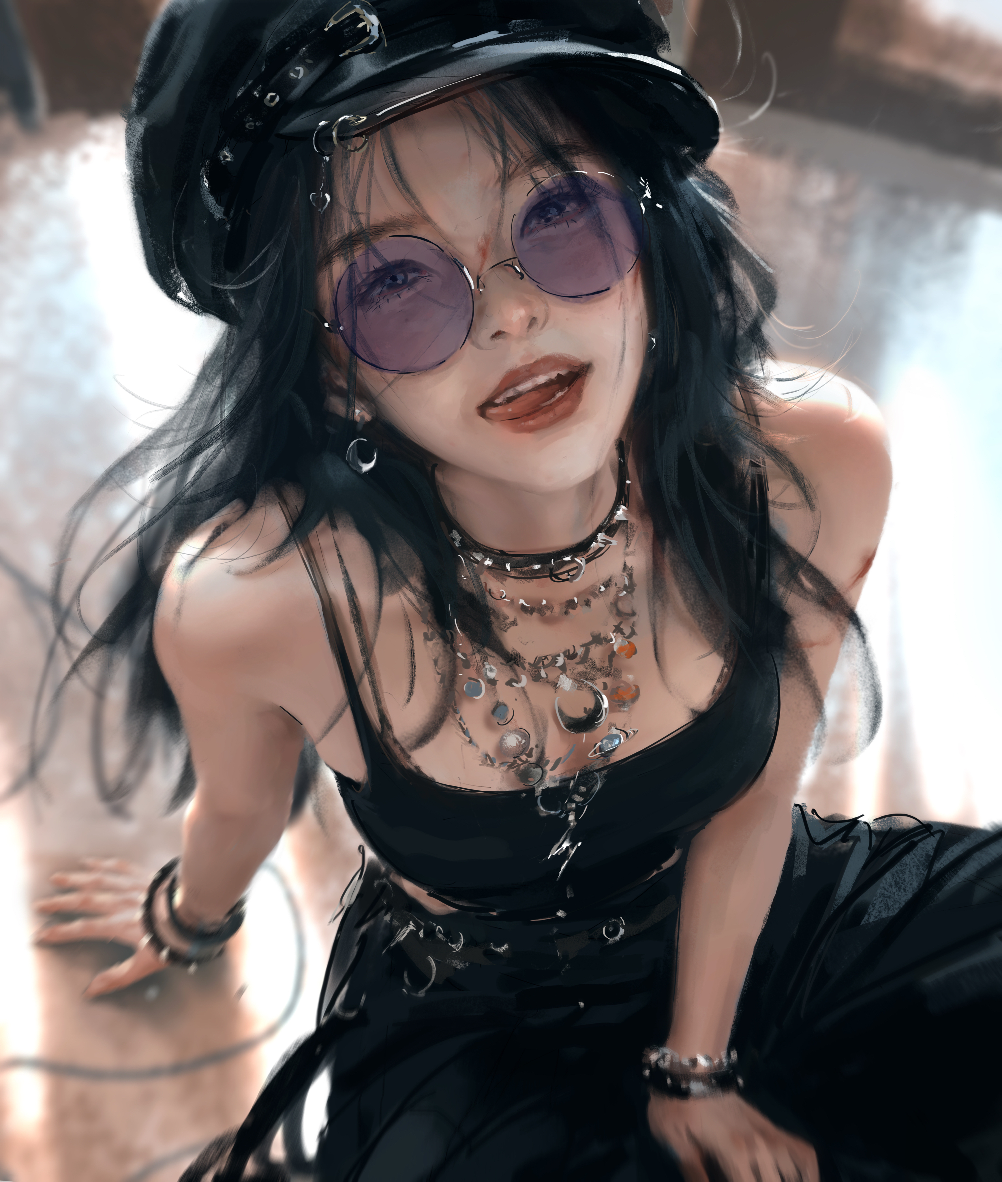 Gothic Girl with Purple Sunglasses and Black Cap HD Wallpaper