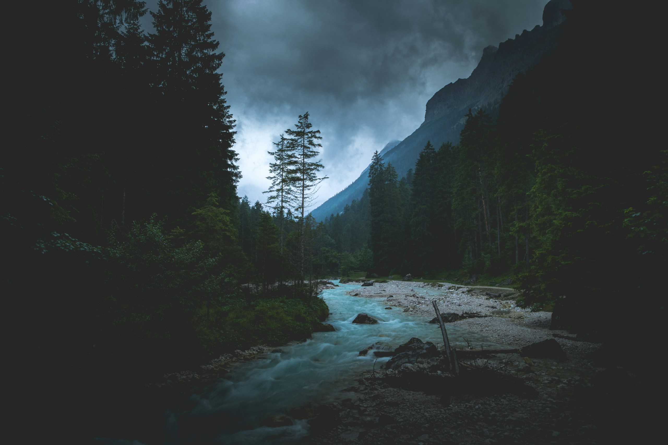 Flowing river through a dark pine forest valley HD Wallpaper