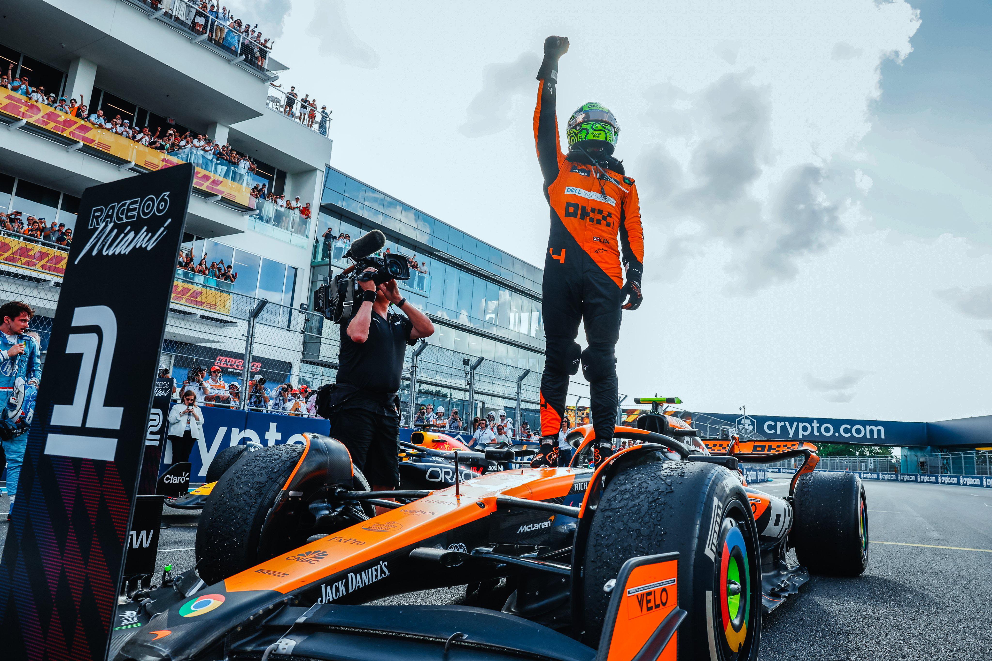 Lando Norris Celebrates Miami GP Victory on McLaren F1 Car HD Wallpaper