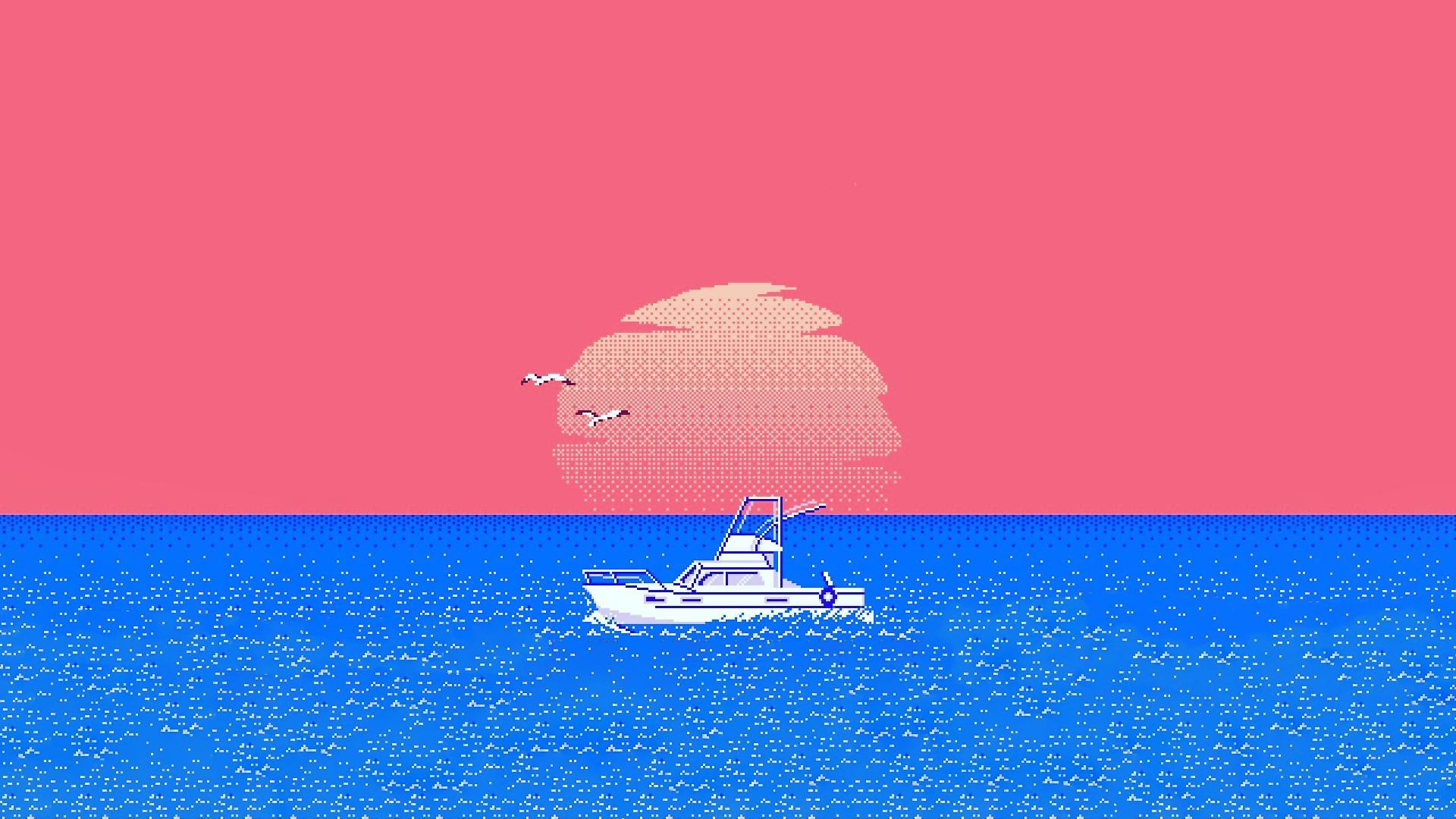 Pixel Art Boat on Ocean with Pink Sunset HD Wallpaper