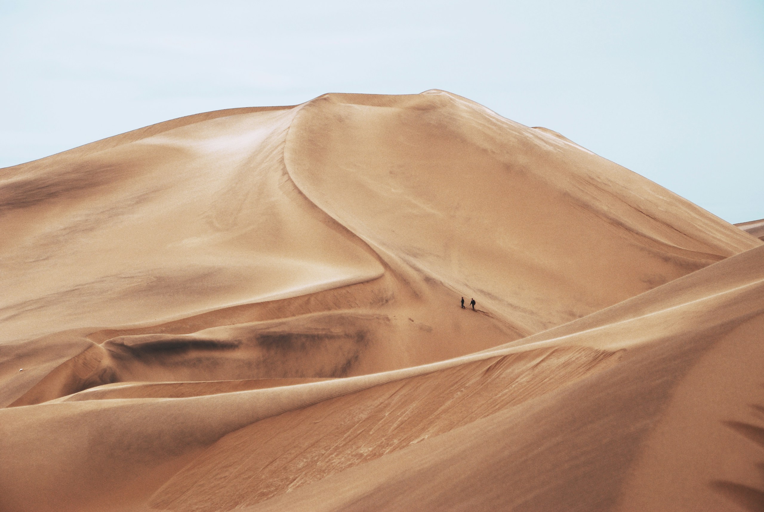 Two people walking on massive sand dunes in Namibia HD Wallpaper