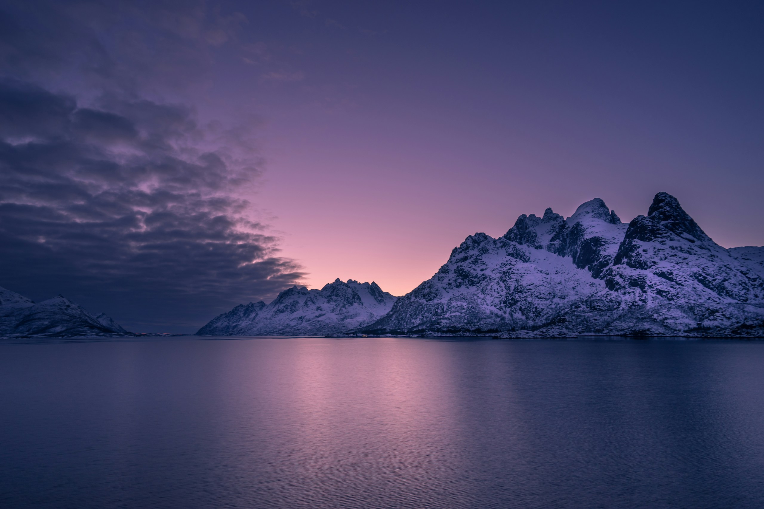 Snowy mountains and calm water under purple twilight sky HD Wallpaper