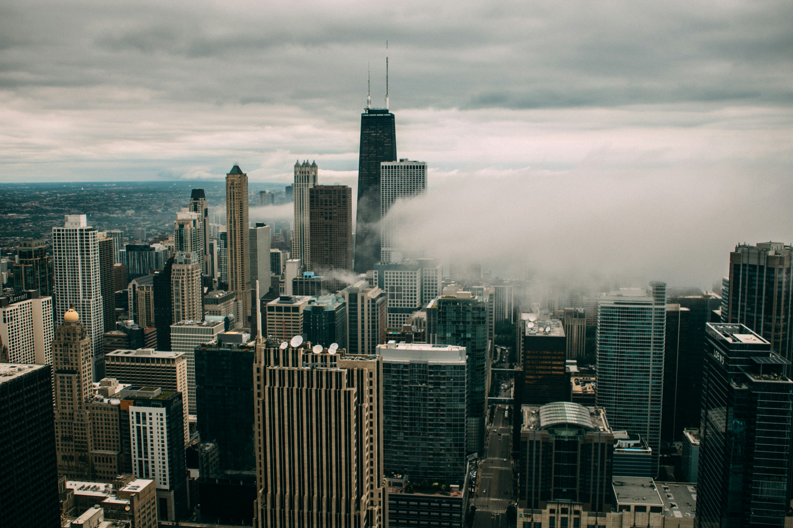 Aerial View of Chicago Skyline with Fog HD Wallpaper