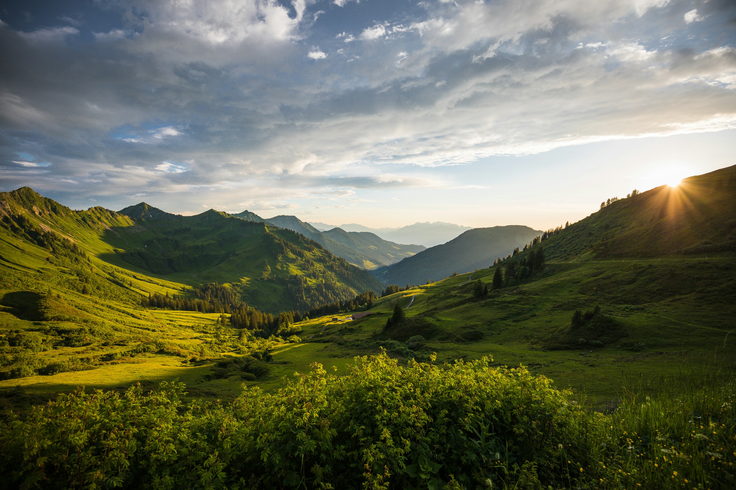 Summer Sunset Over Green Mountain Valley in Austria HD Wallpaper
