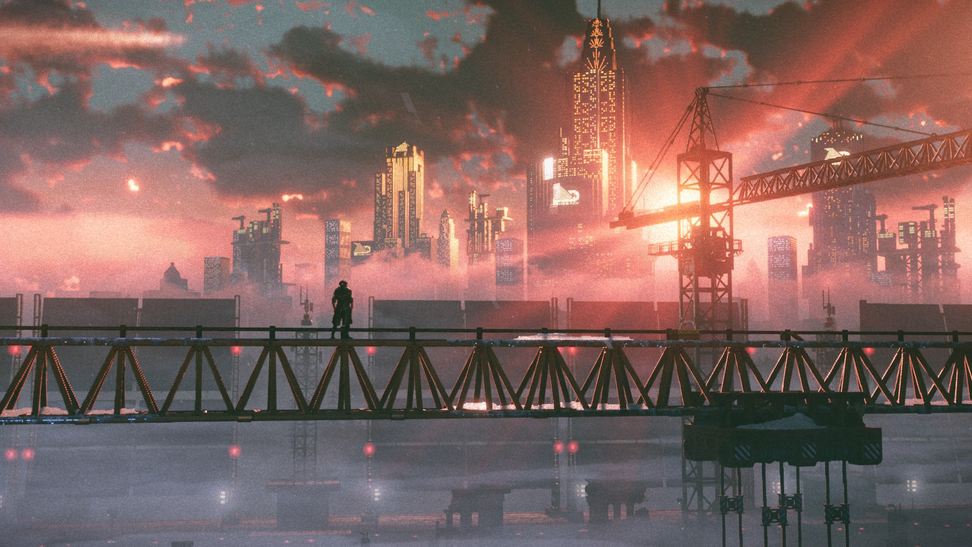 Silhouette of a figure on a bridge overlooking a futuristic city HD Wallpaper