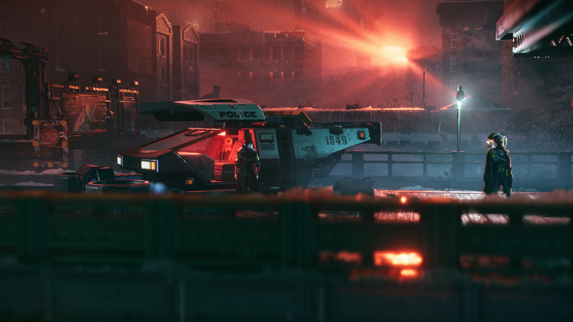 Futuristic Police Vehicle and Figures in The Last Night HD Wallpaper