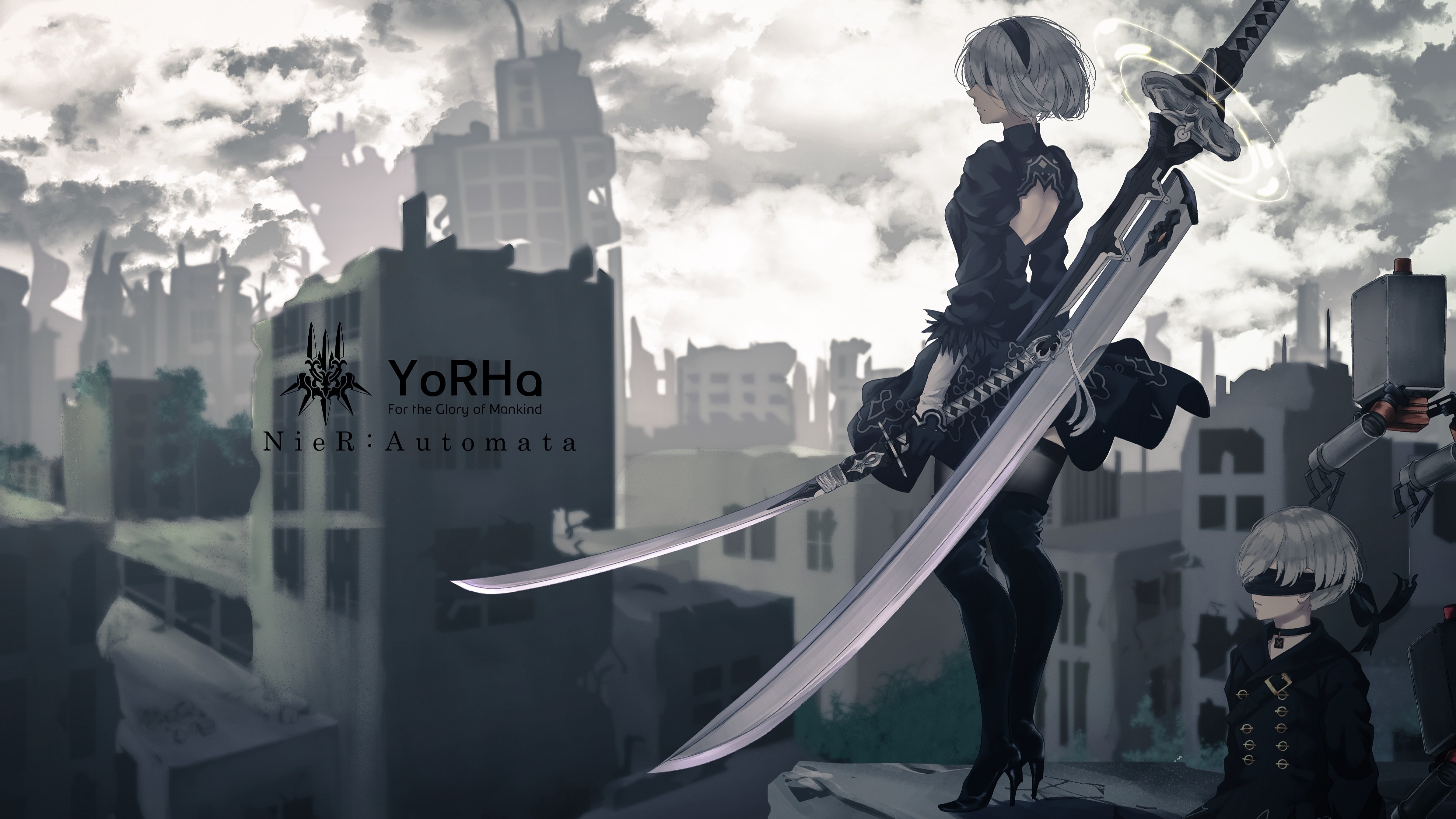 2B and 9S in Ruined City from NieR Automata HD Wallpaper