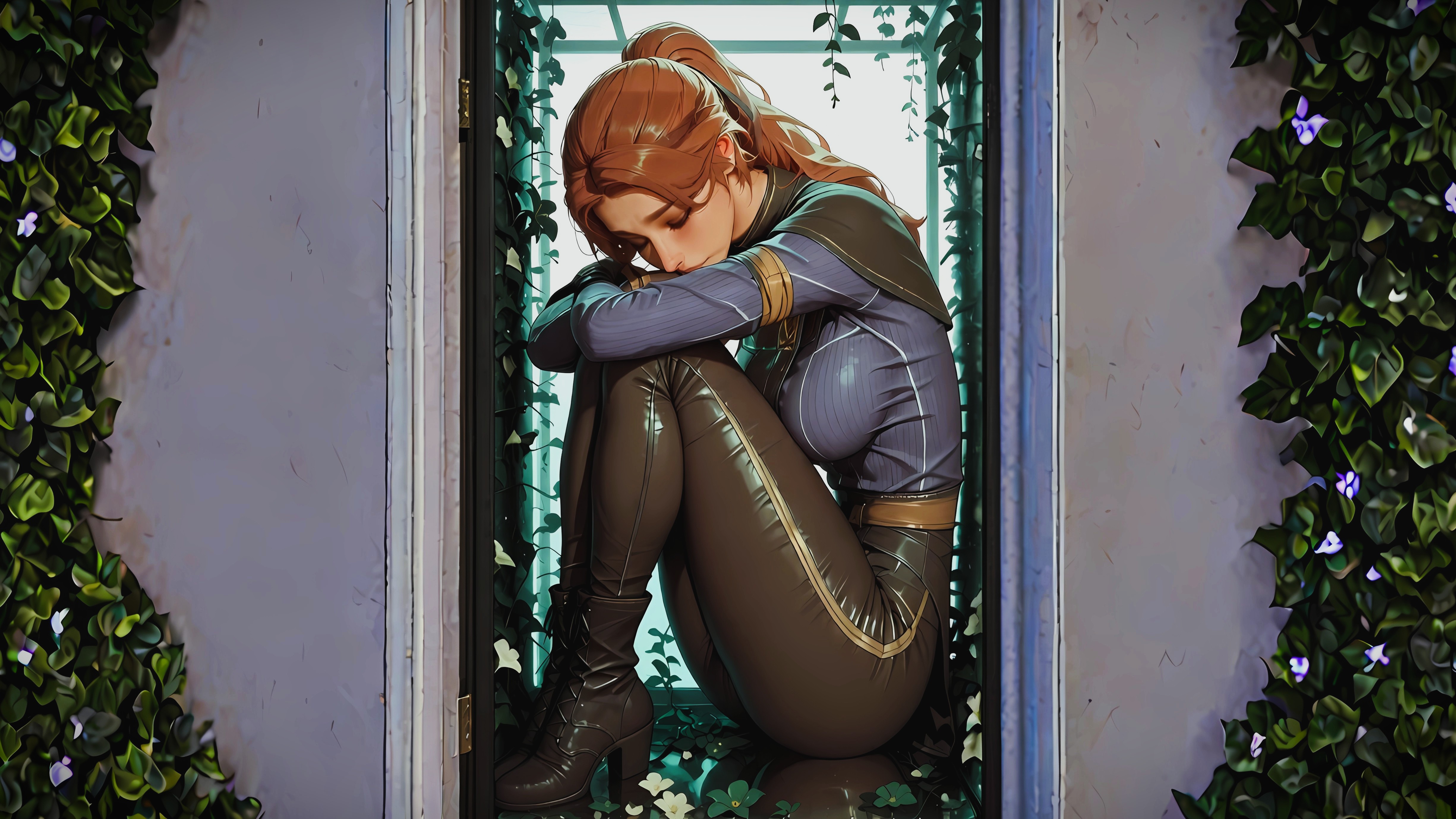 Sad Anime Girl Curled Up in a Glass Window HD Wallpaper