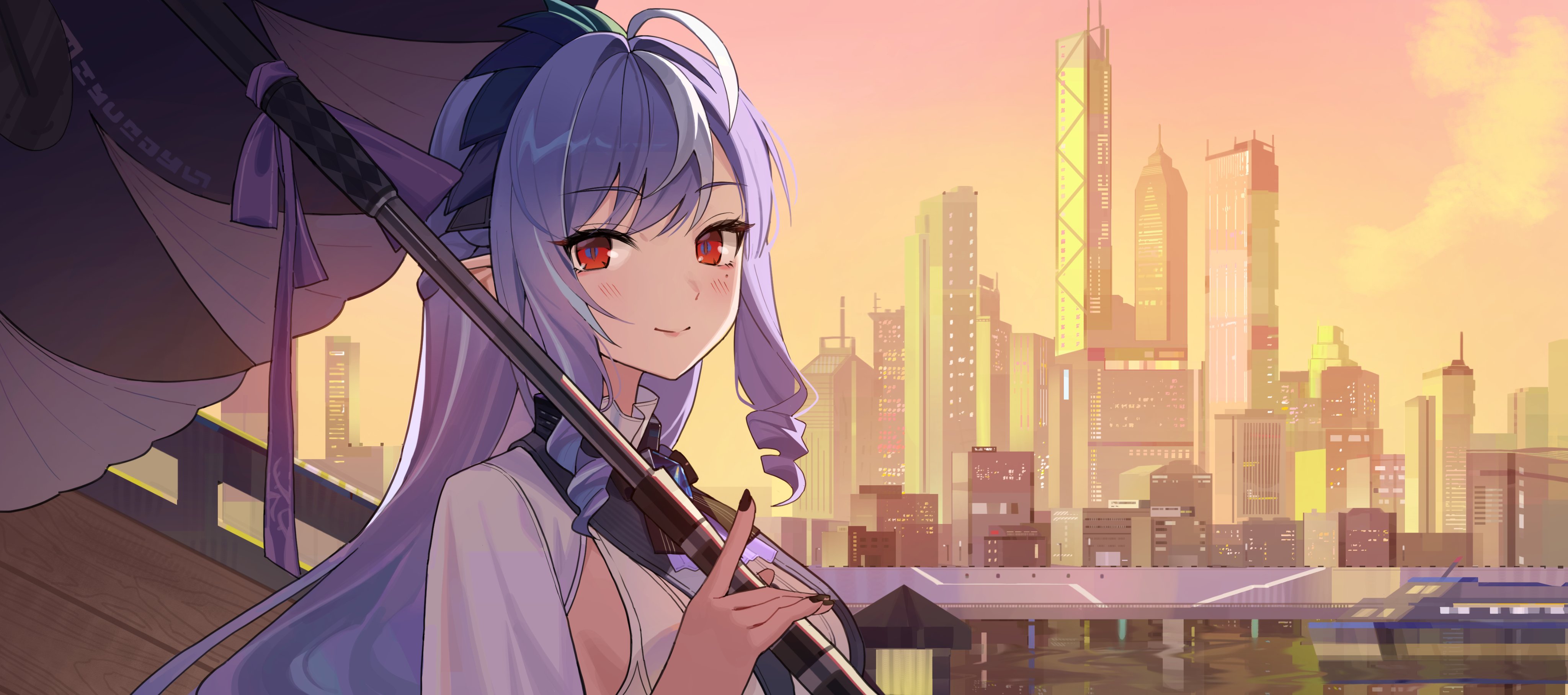 Anime Girl with Parasol and Sunset City Skyline HD Wallpaper