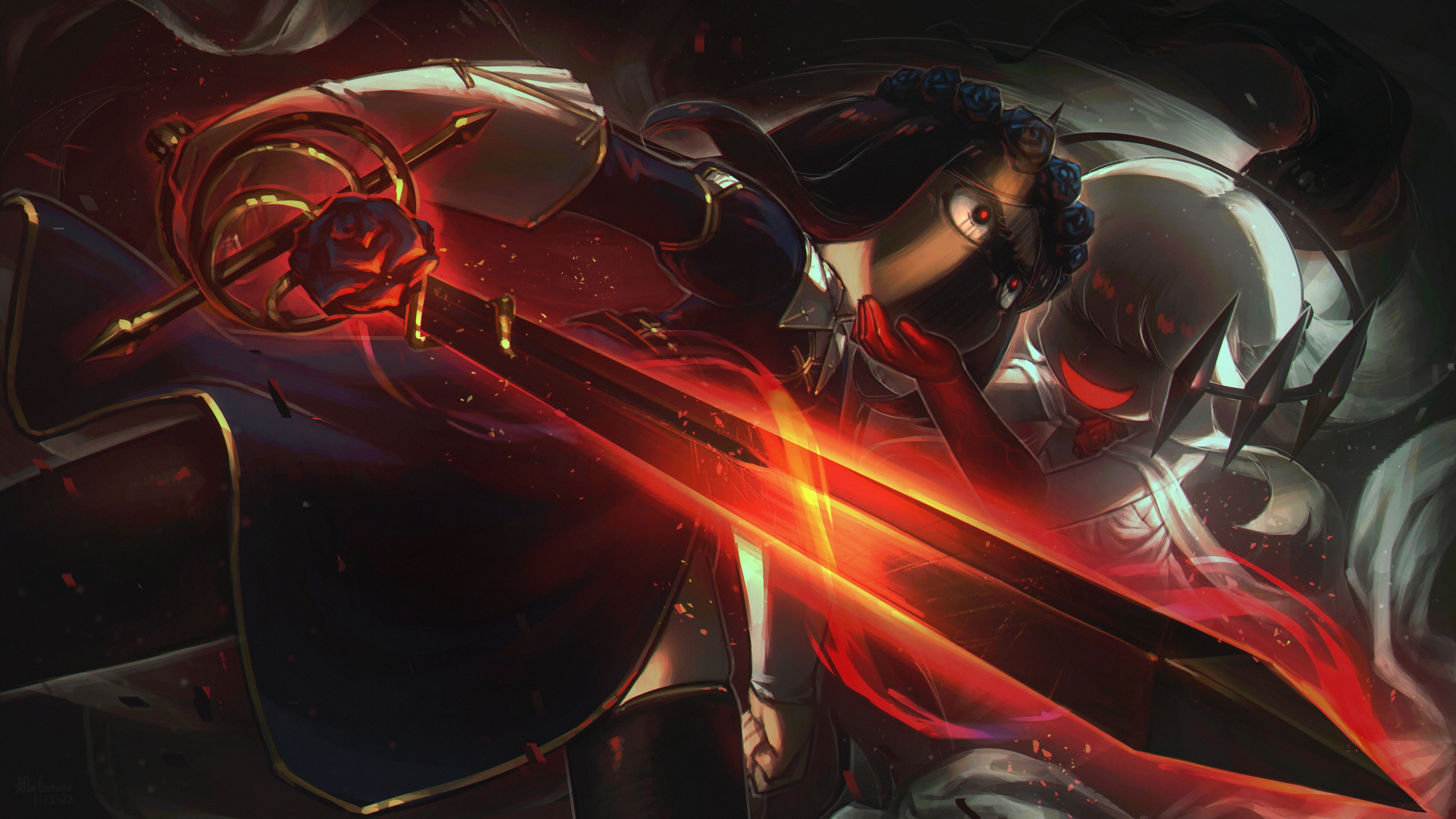 Blue Rose Knight Wielding a Glowing Red Sword HD Wallpaper