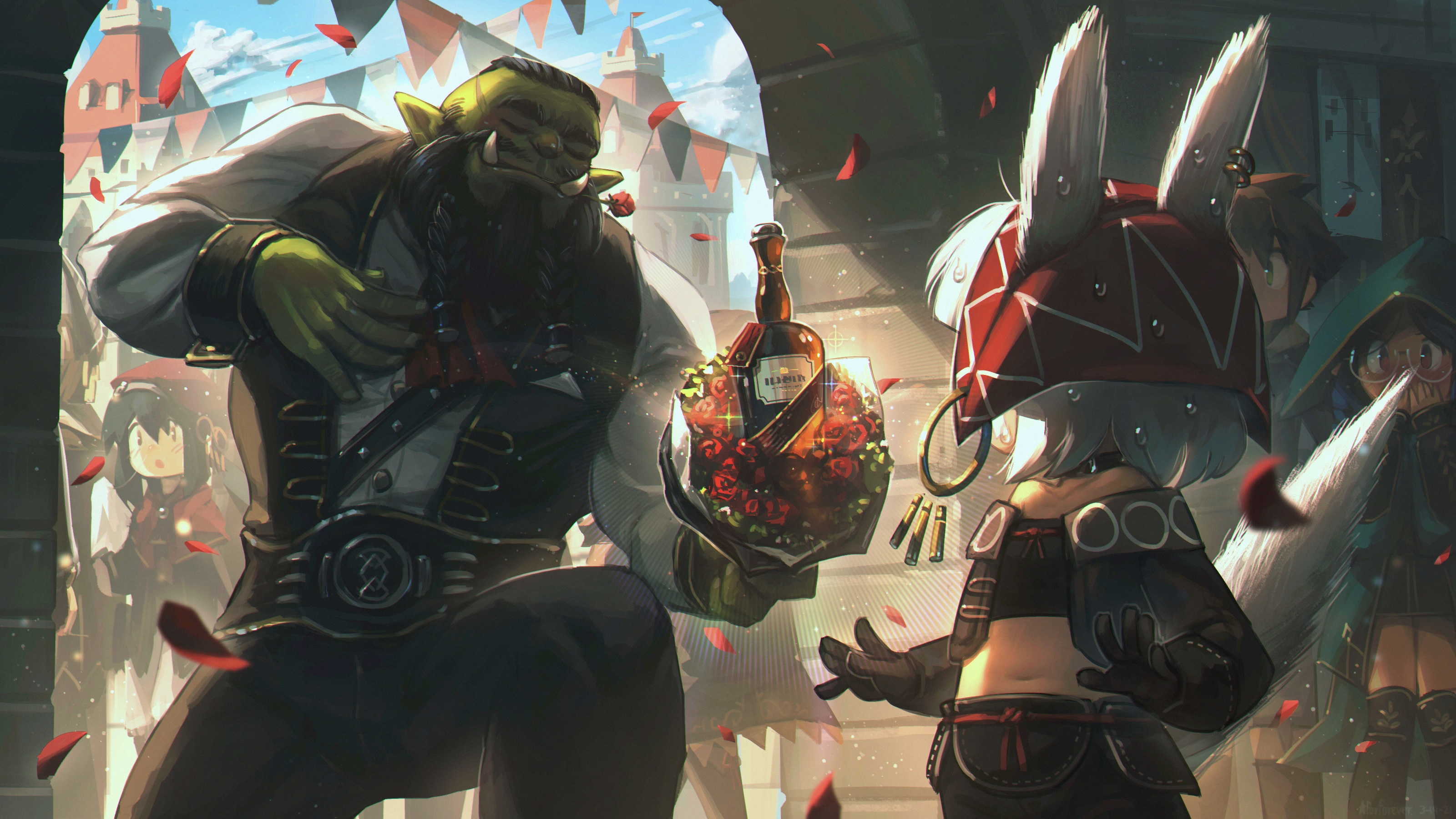 Orc gives a bouquet and whiskey to a rabbit-eared character HD Wallpaper