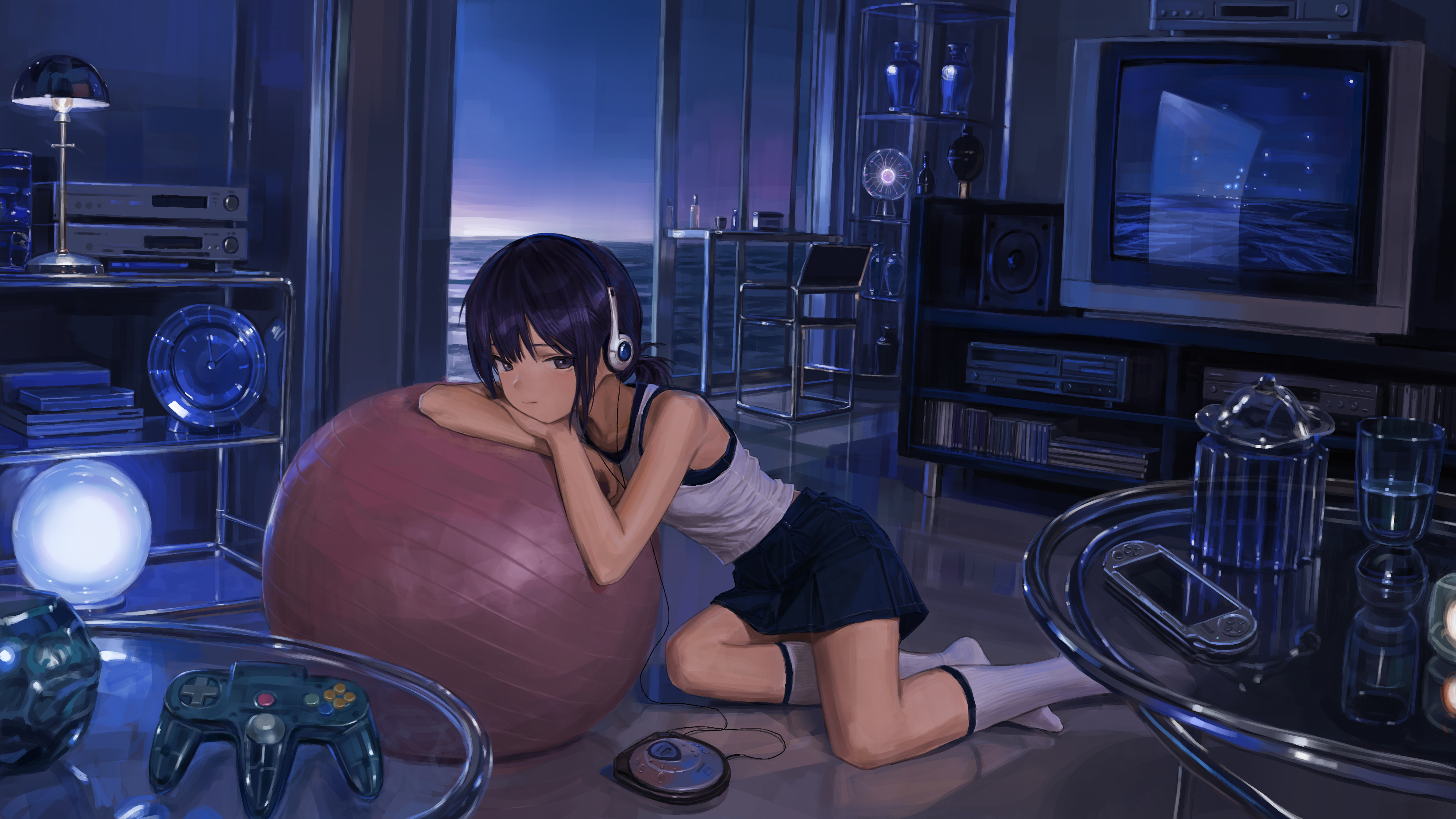 Anime girl with headphones leaning on exercise ball HD Wallpaper
