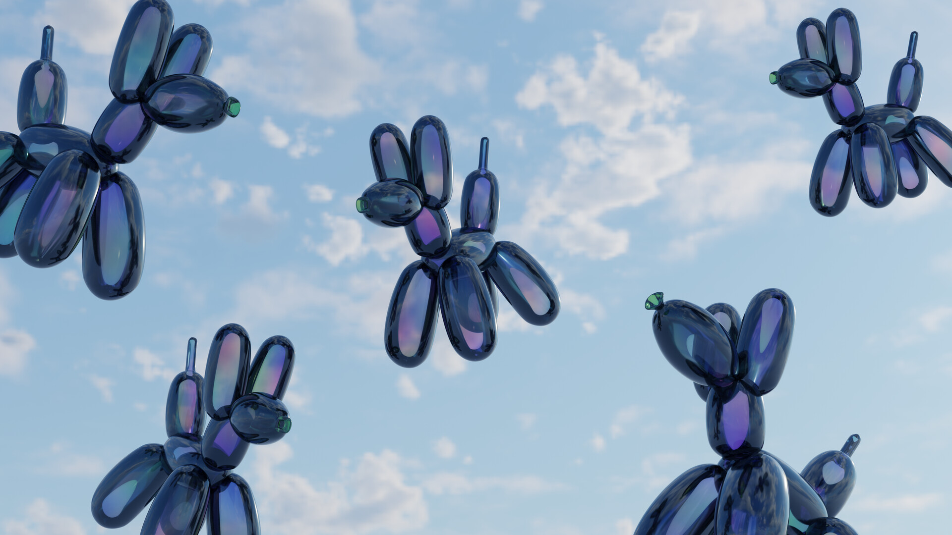Iridescent 3D Balloon Dogs Floating in Cloudy Sky HD Wallpaper
