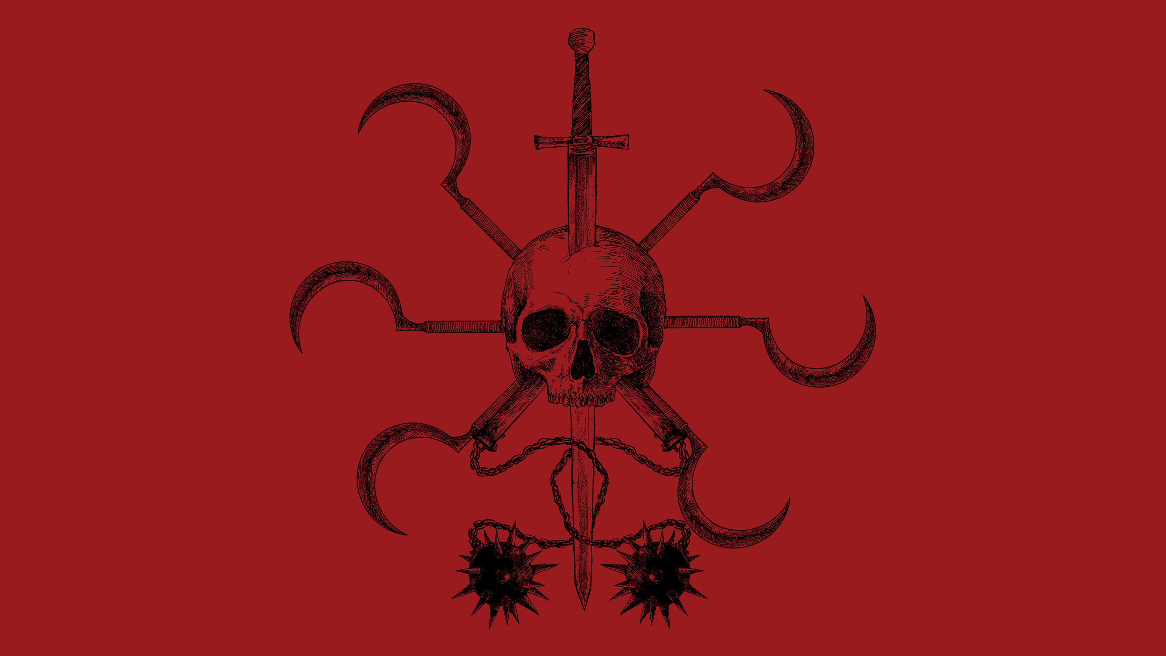 Dark Skull Emblem with Sword, Sickles, and Flails HD Wallpaper