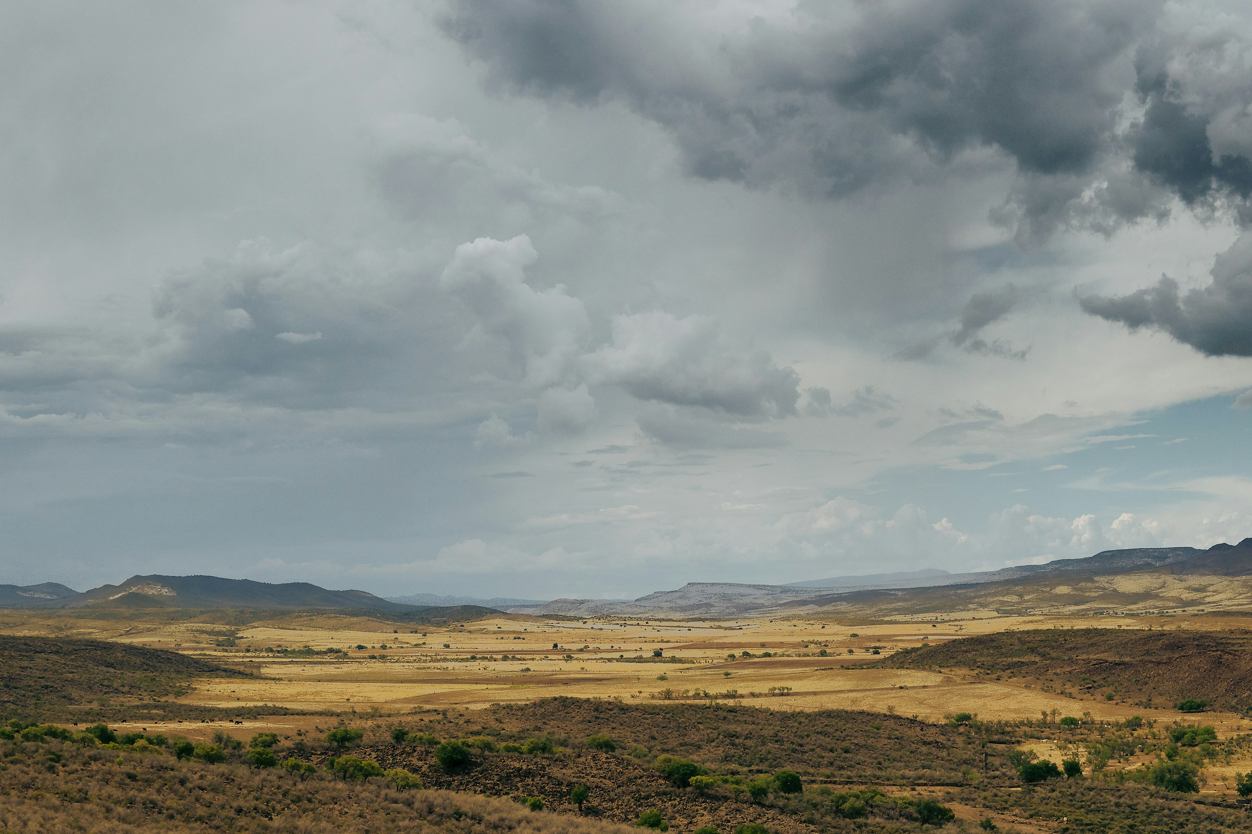 Arid valley landscape under dramatic storm clouds HD Wallpaper
