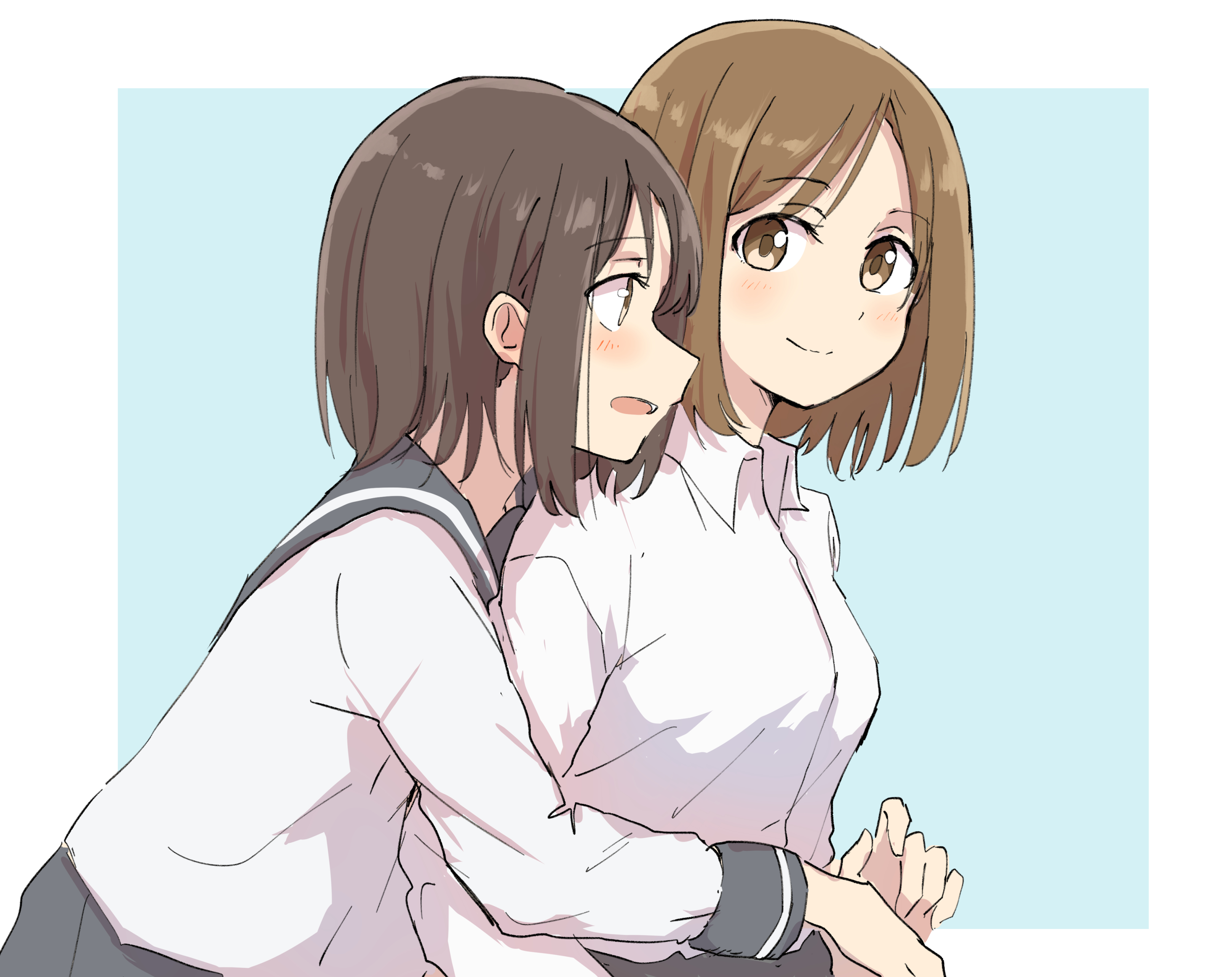 Two girls in school uniforms embracing HD Wallpaper