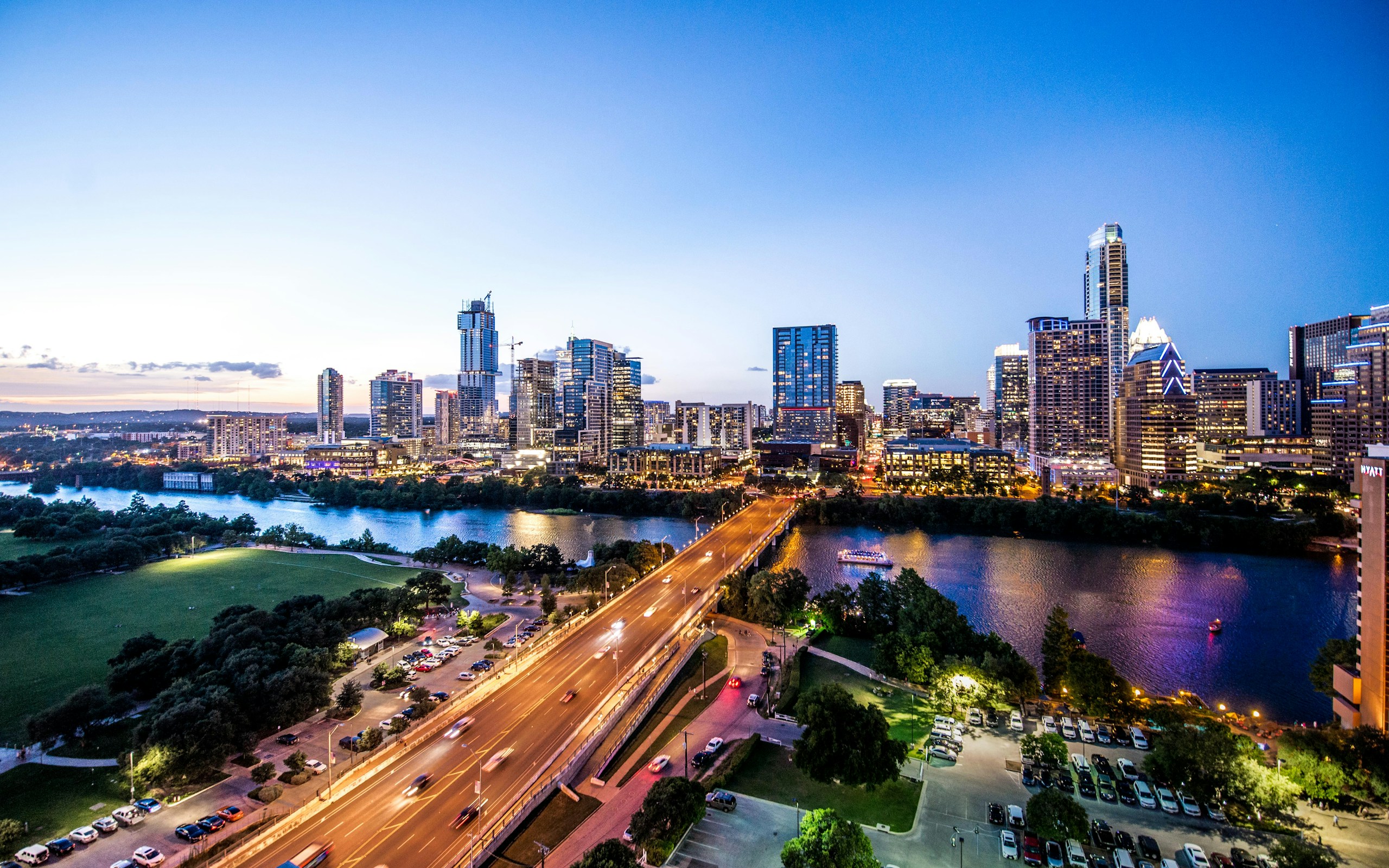 Austin Skyline and Congress Avenue Bridge at Dusk HD Wallpaper