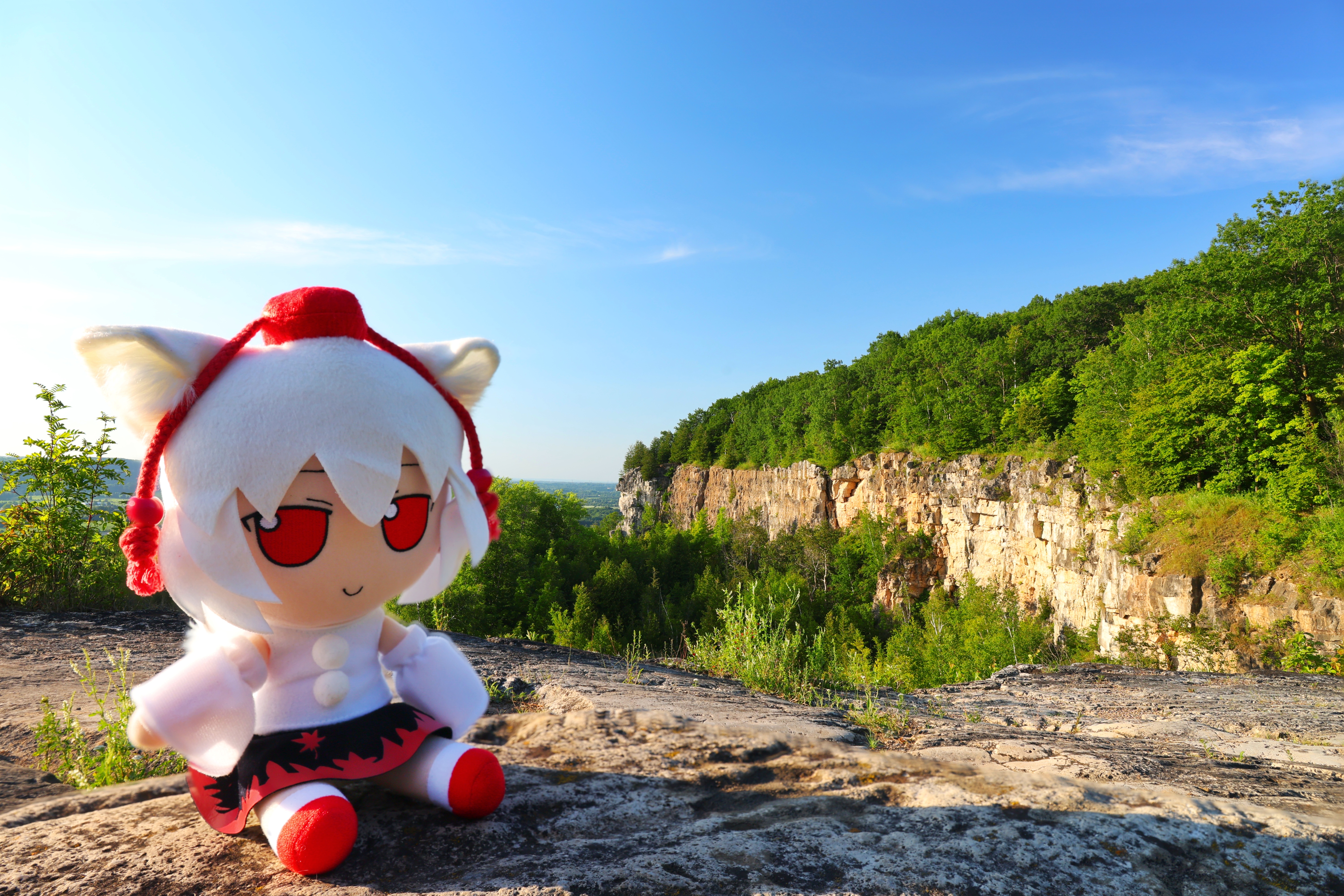 Momiji Inubashiri Fumo plush from Touhou Project on a cliff HD Wallpaper
