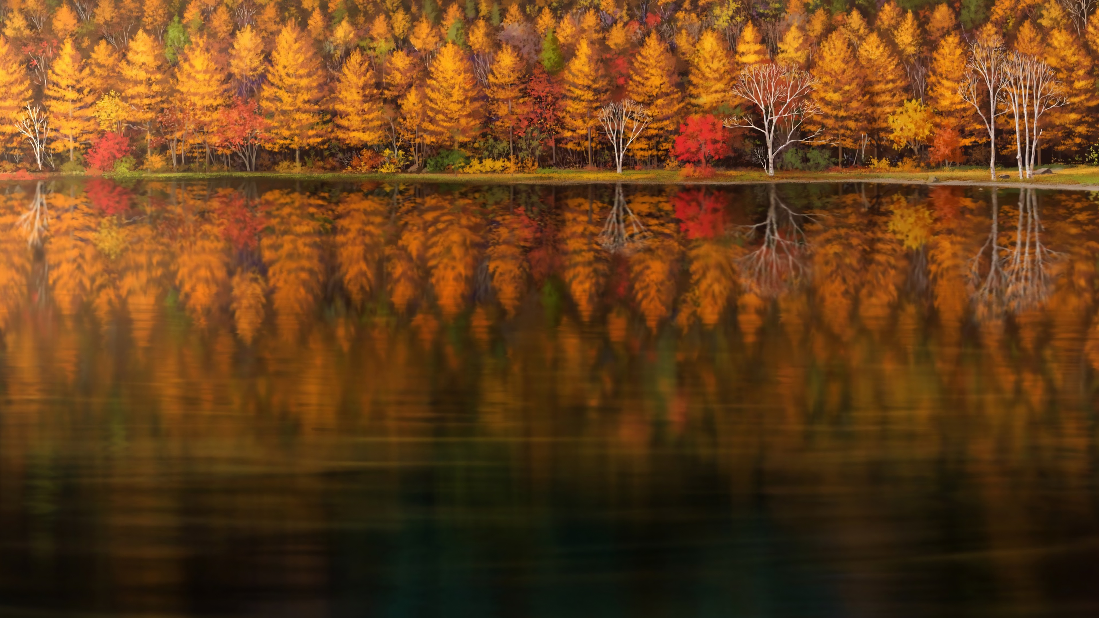 Autumn Forest Reflected in a Calm Lake Painting HD Wallpaper