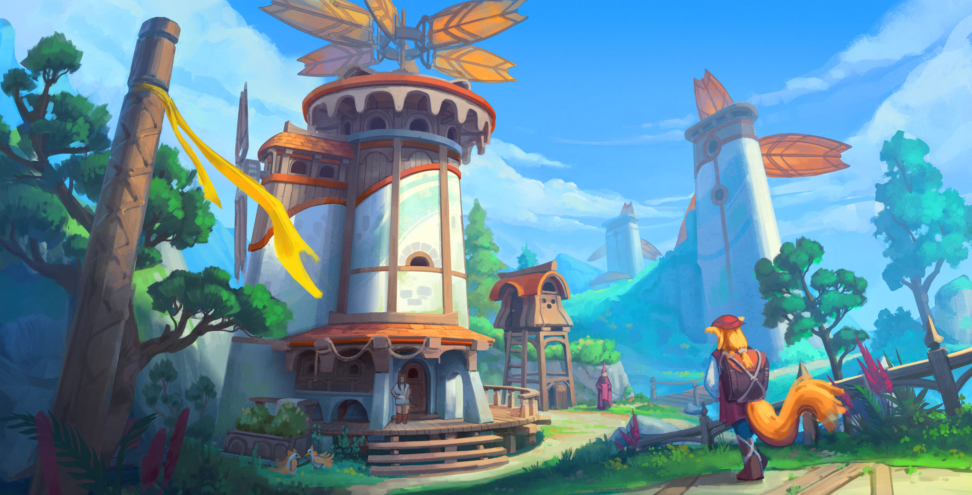 Whimsical Fantasy Village with Windmill Towers and Fox Traveler HD Wallpaper