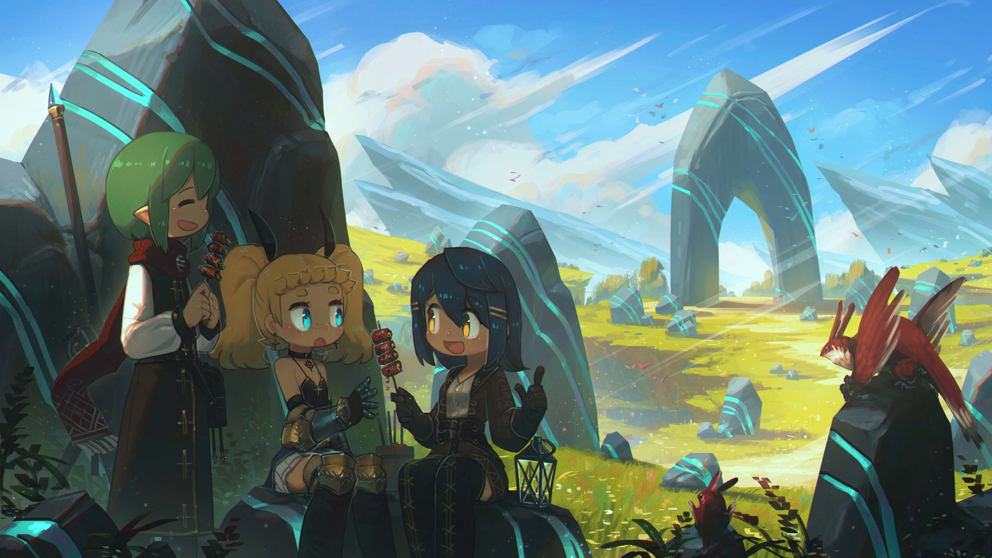 Anime girls eating skewers in a fantasy landscape HD Wallpaper