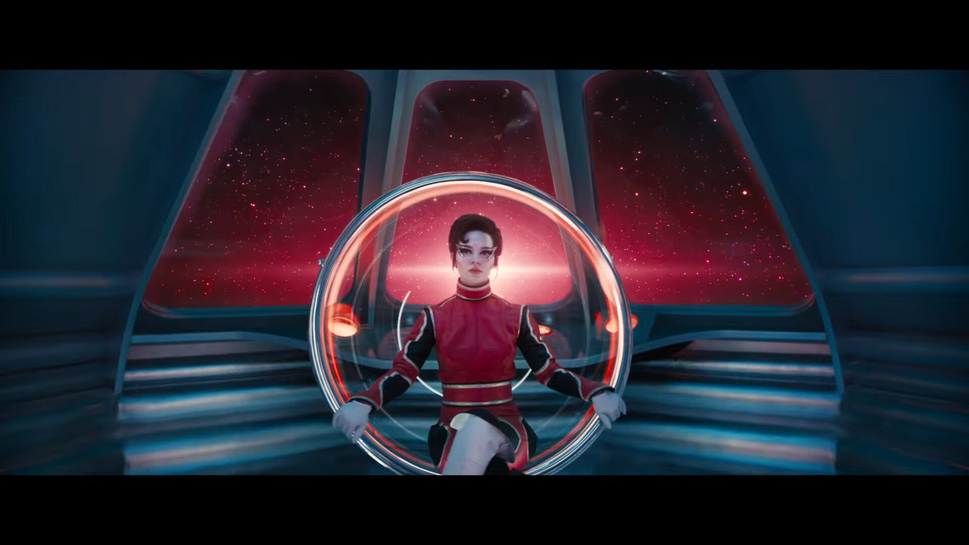 Woman in Red Sci-Fi Uniform on Spaceship HD Wallpaper