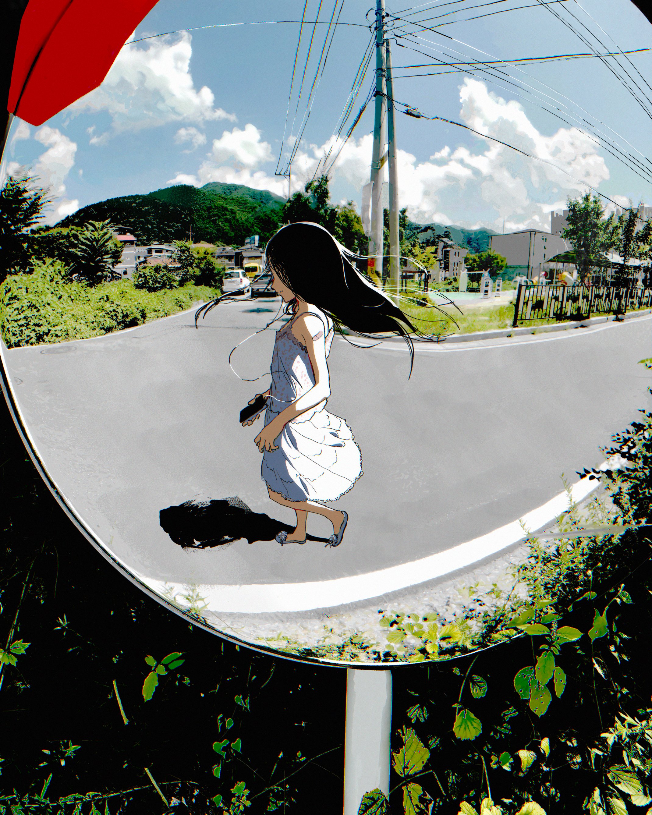 Anime Girl Reflected in a Convex Traffic Mirror HD Wallpaper