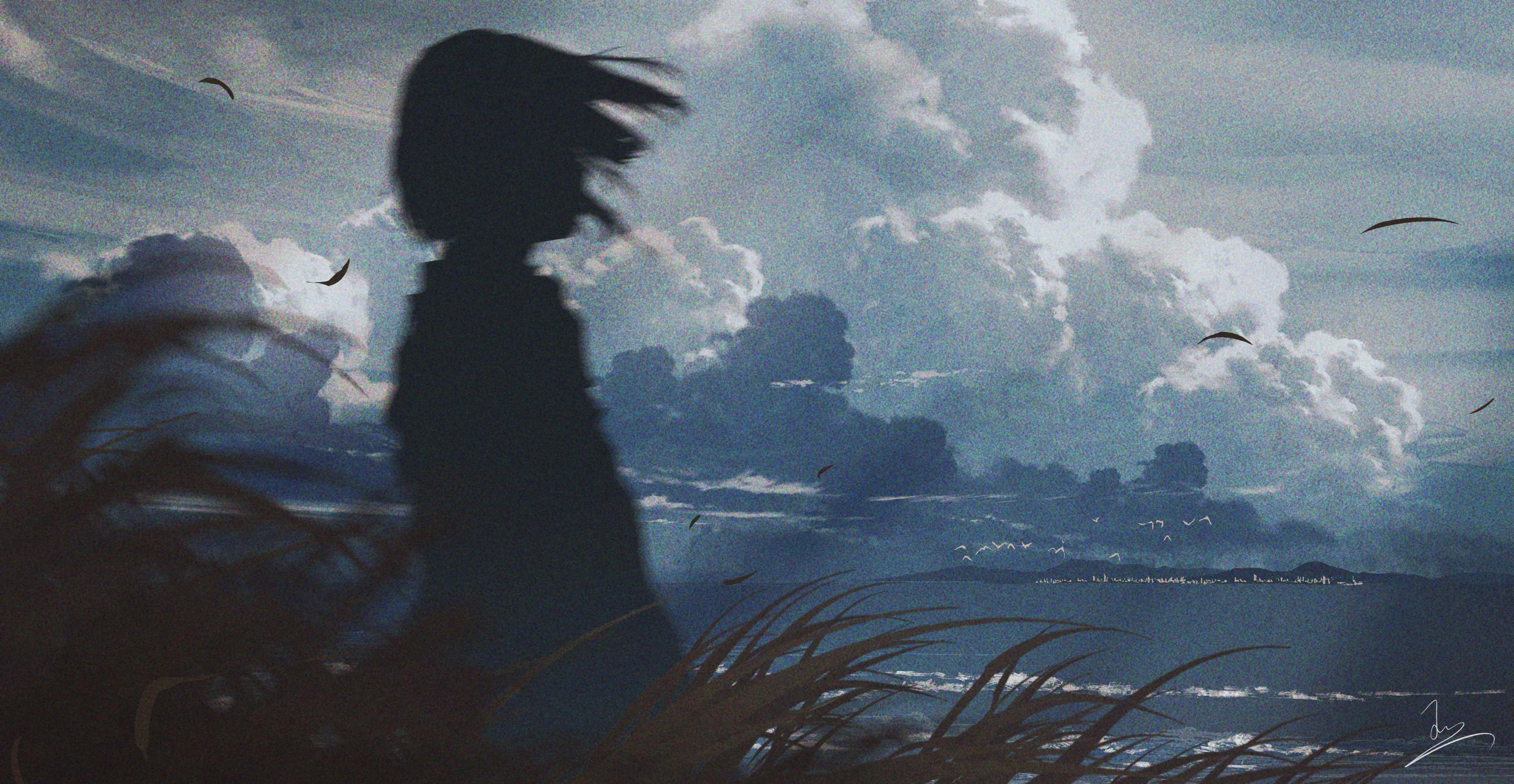Silhouette of a girl by the windy sea HD Wallpaper