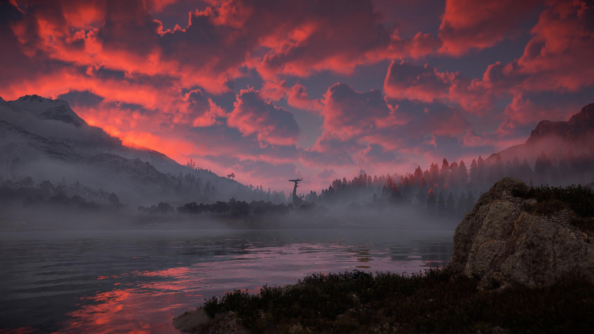 Tallneck in misty lake landscape from Horizon Zero Dawn HD Wallpaper