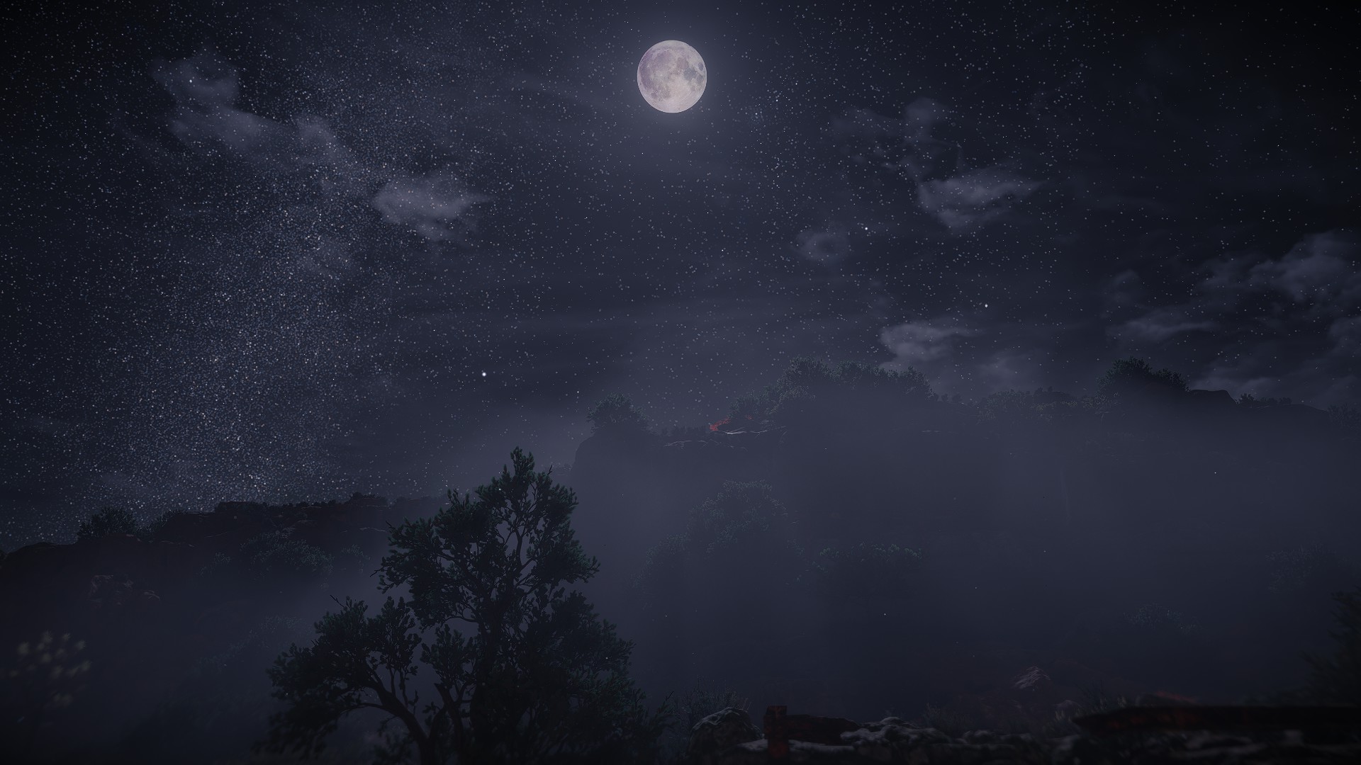 Full Moon and Starry Night Sky Over Misty Forest HD Wallpaper
