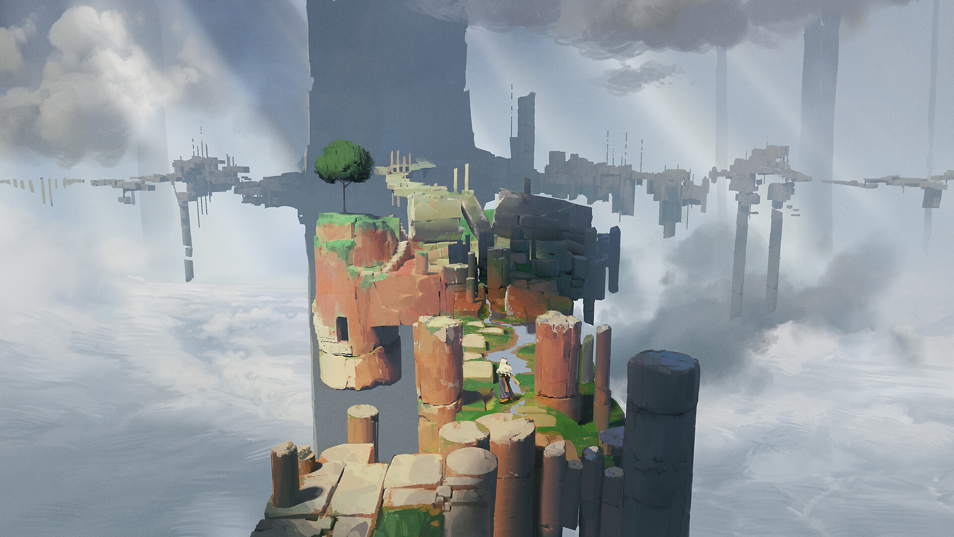 Lone traveler walking on floating ruins above the clouds HD Wallpaper