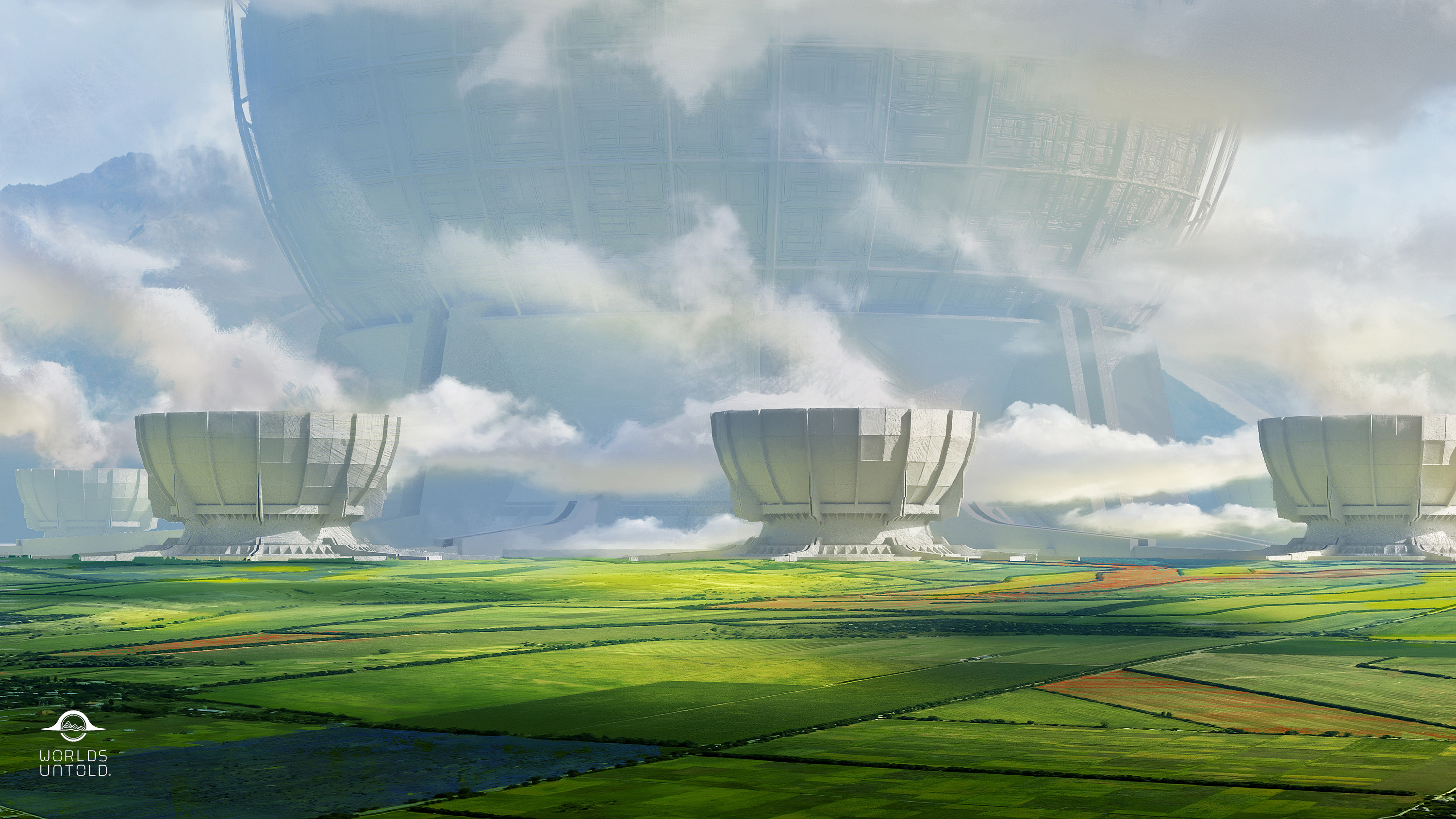 Sci-fi landscape with massive structures and green fields HD Wallpaper