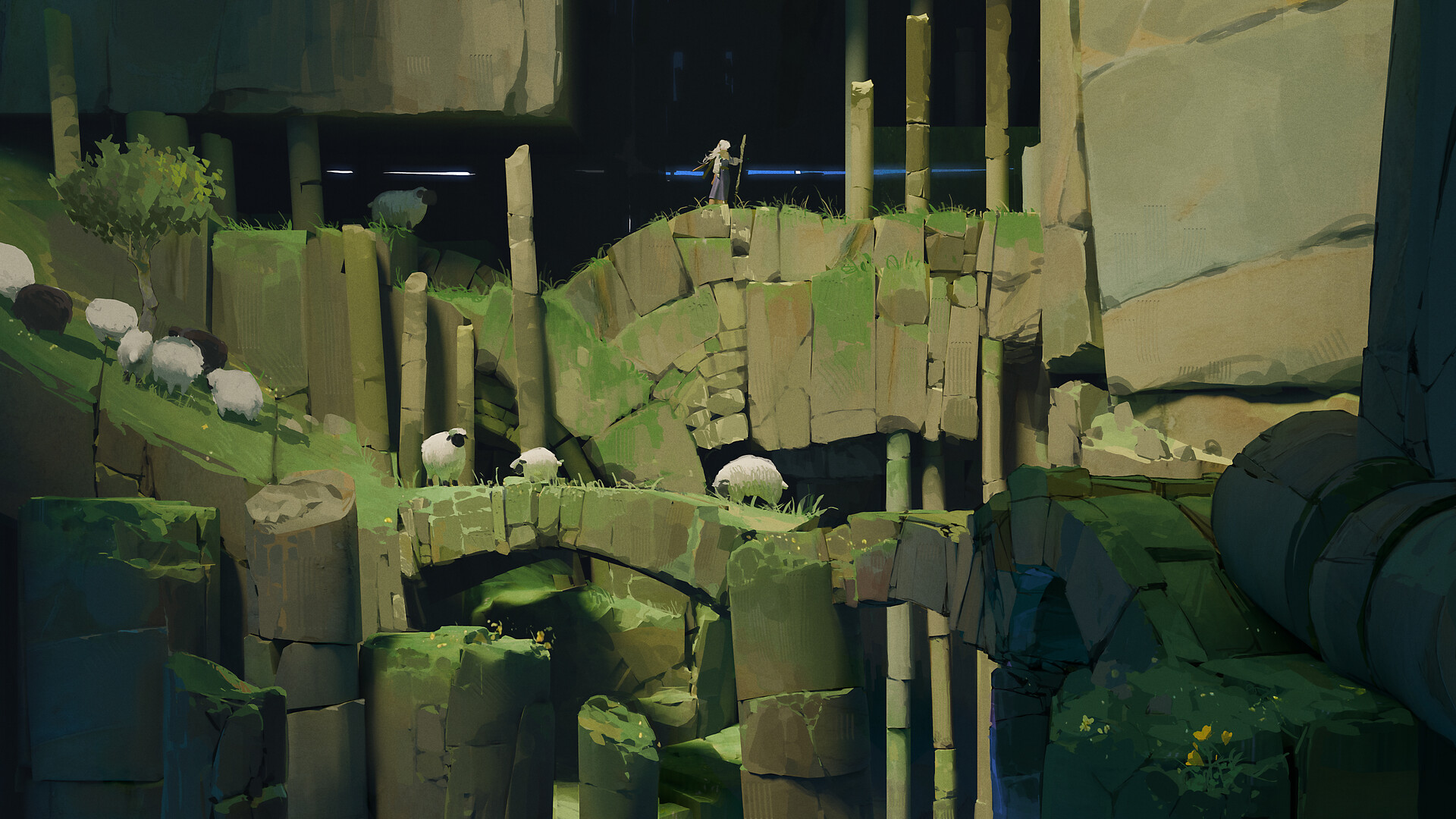 Shepherd and Sheep on Mossy Stone Ruins HD Wallpaper