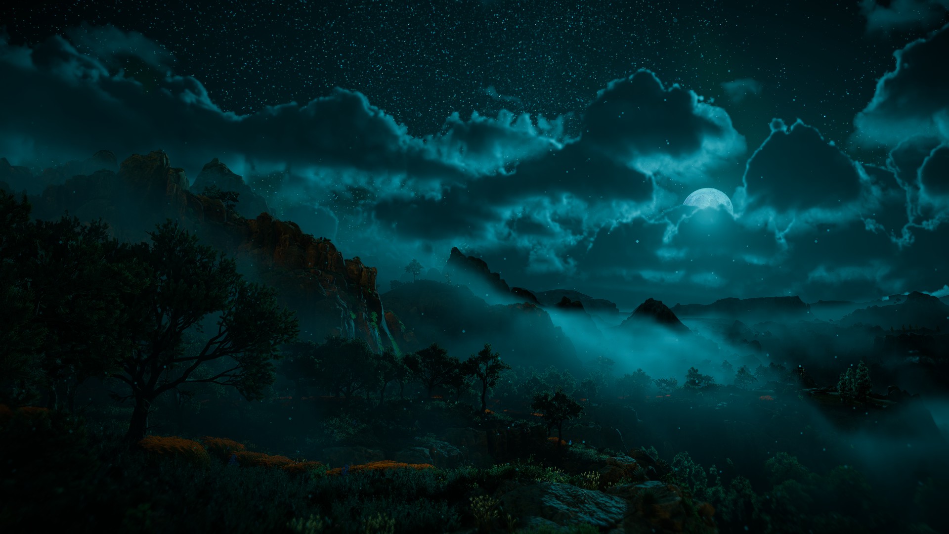 Misty Mountain Landscape Under a Full Moon at Night HD Wallpaper