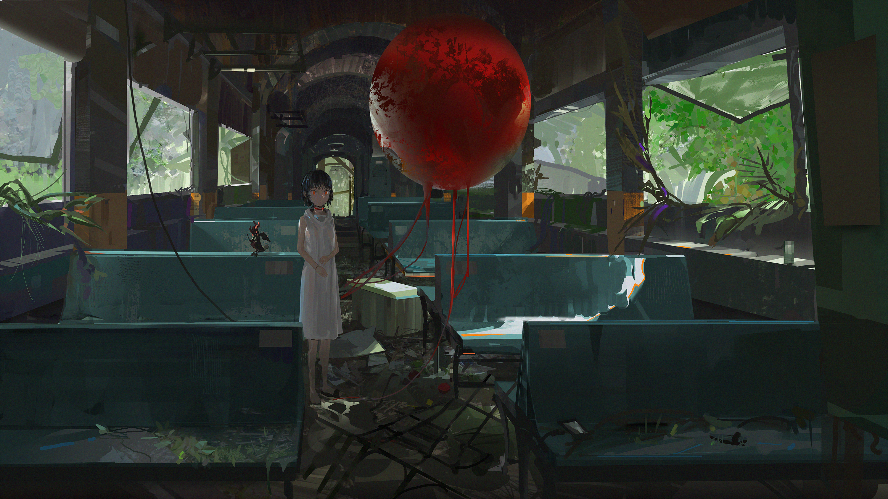 Anime Girl in Ruined Train with Floating Red Sphere HD Wallpaper