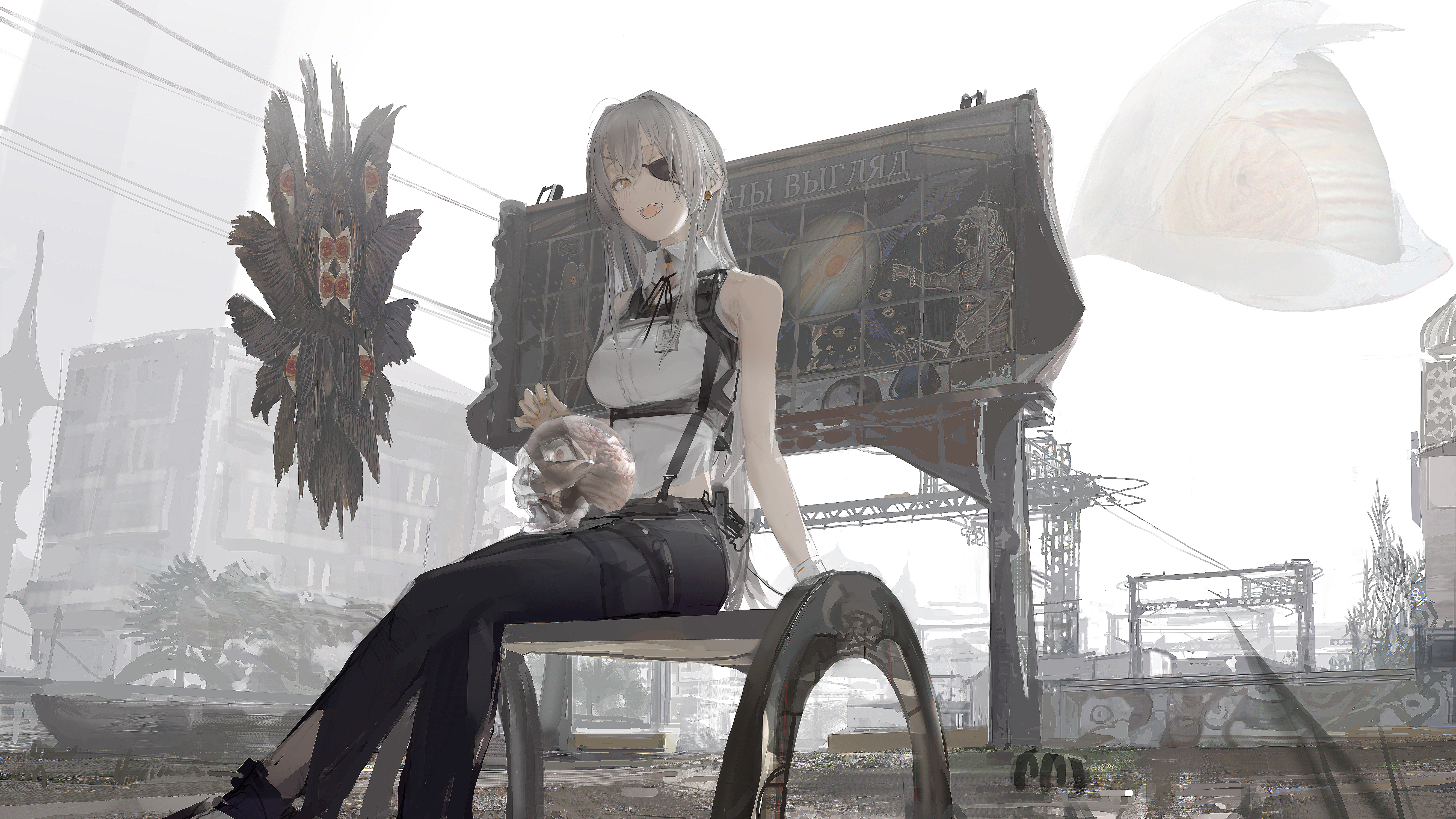 Anime Girl with Eyepatch Holding a Skull HD Wallpaper