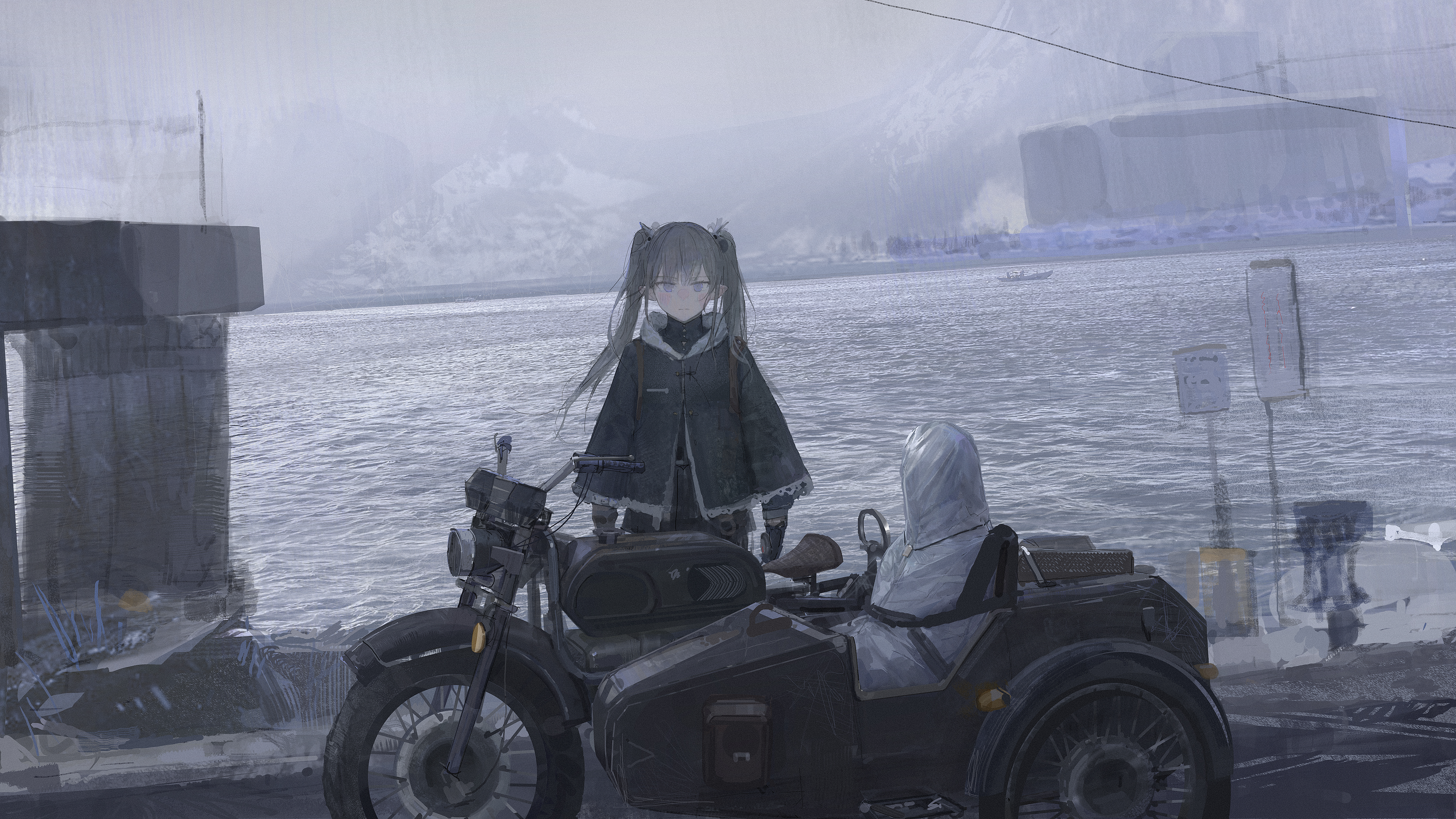 Anime girl with twin tails next to sidecar motorcycle HD Wallpaper