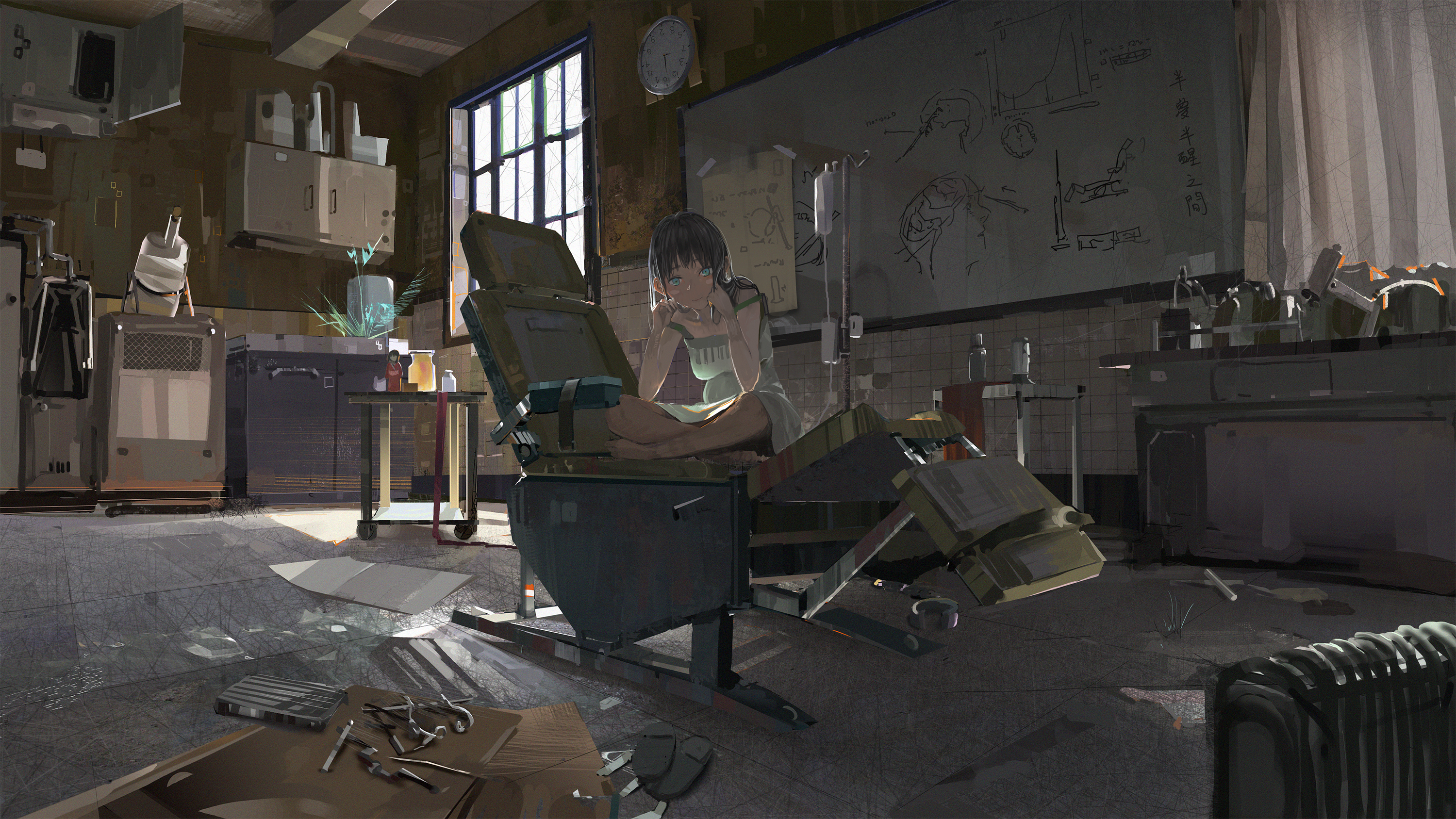 Anime Girl Sitting in a Messy Laboratory HD Wallpaper