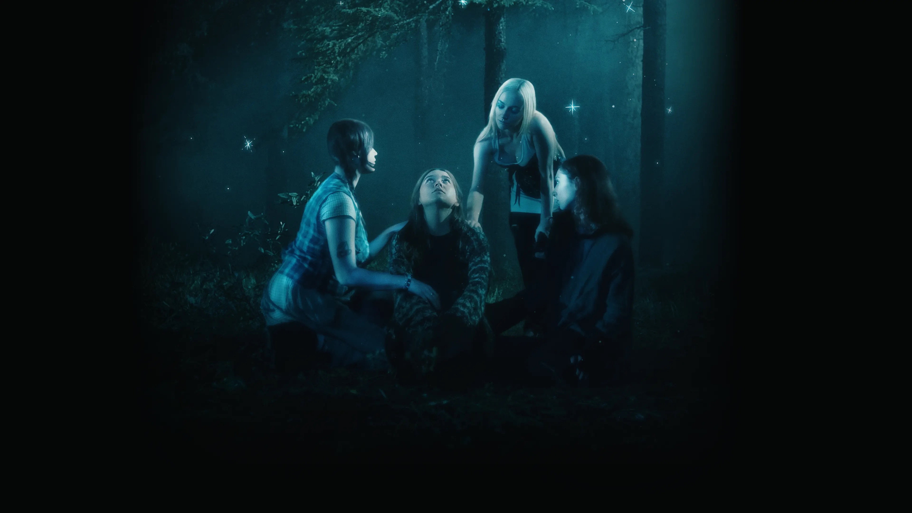Four young women in a dark forest from CAMP HD Wallpaper